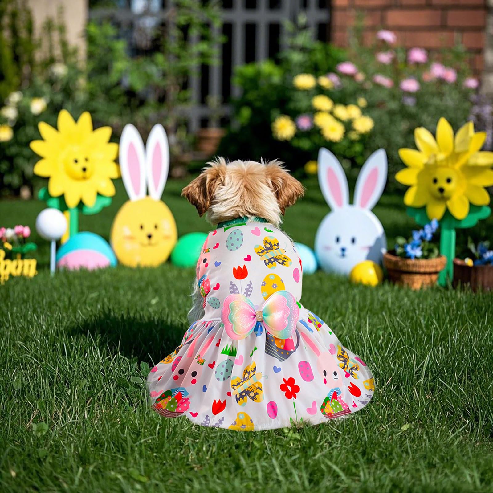 Habbiful Pet Dog Easter Outfit, Egg Bunny Flower Colorful Dog Dress Spring Summer Pet Doggie Apparel For Dogs Cats Gifts, M