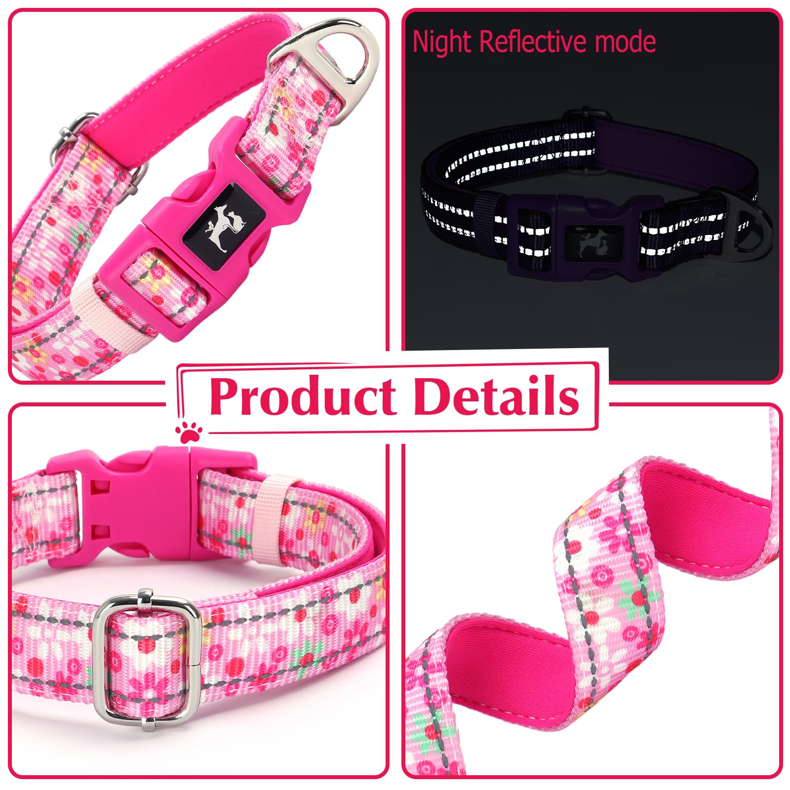 Onefojojo Girl Dog Collar,Reflective Cute Pink Flower Collar For Medium Large Extra Large Female Dogs(Flower L