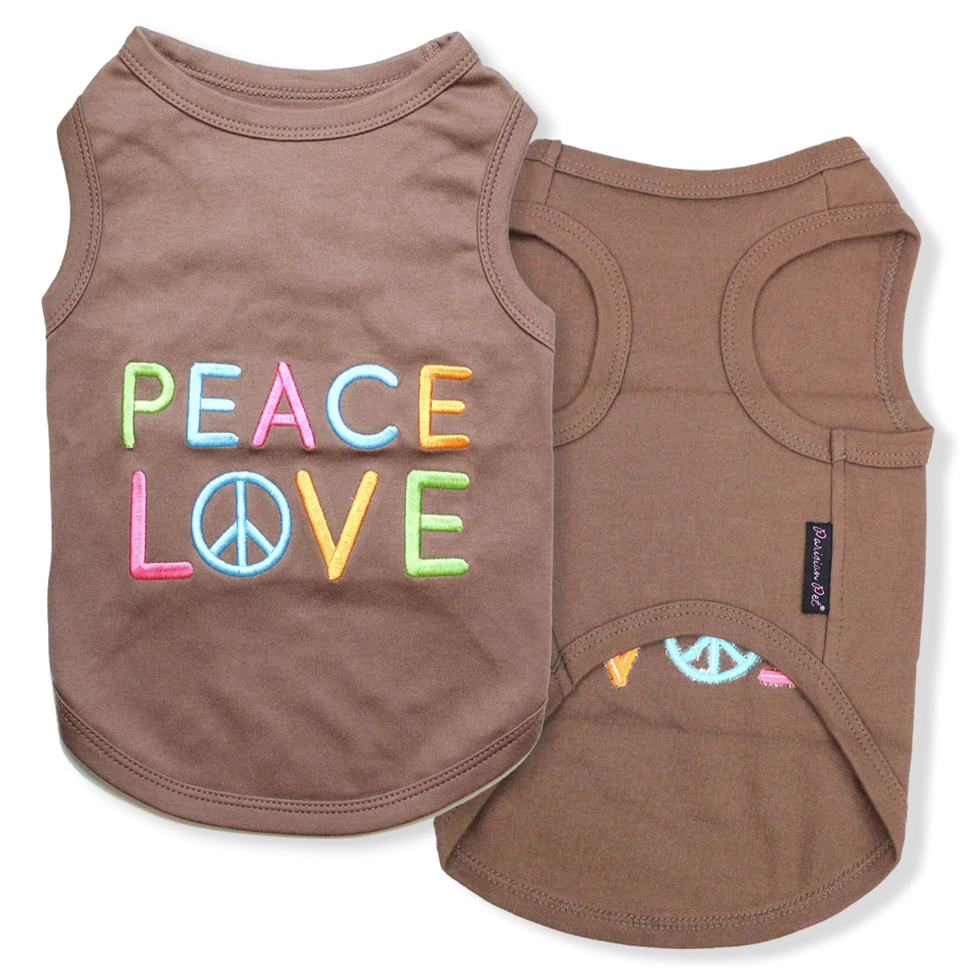 Parisian Pet Dog T-Shirt - Embroided Peace Love 100% Cotton, Breathable Dog Clothes - Sleeveless Pet Vest - Machine Washable Dog
