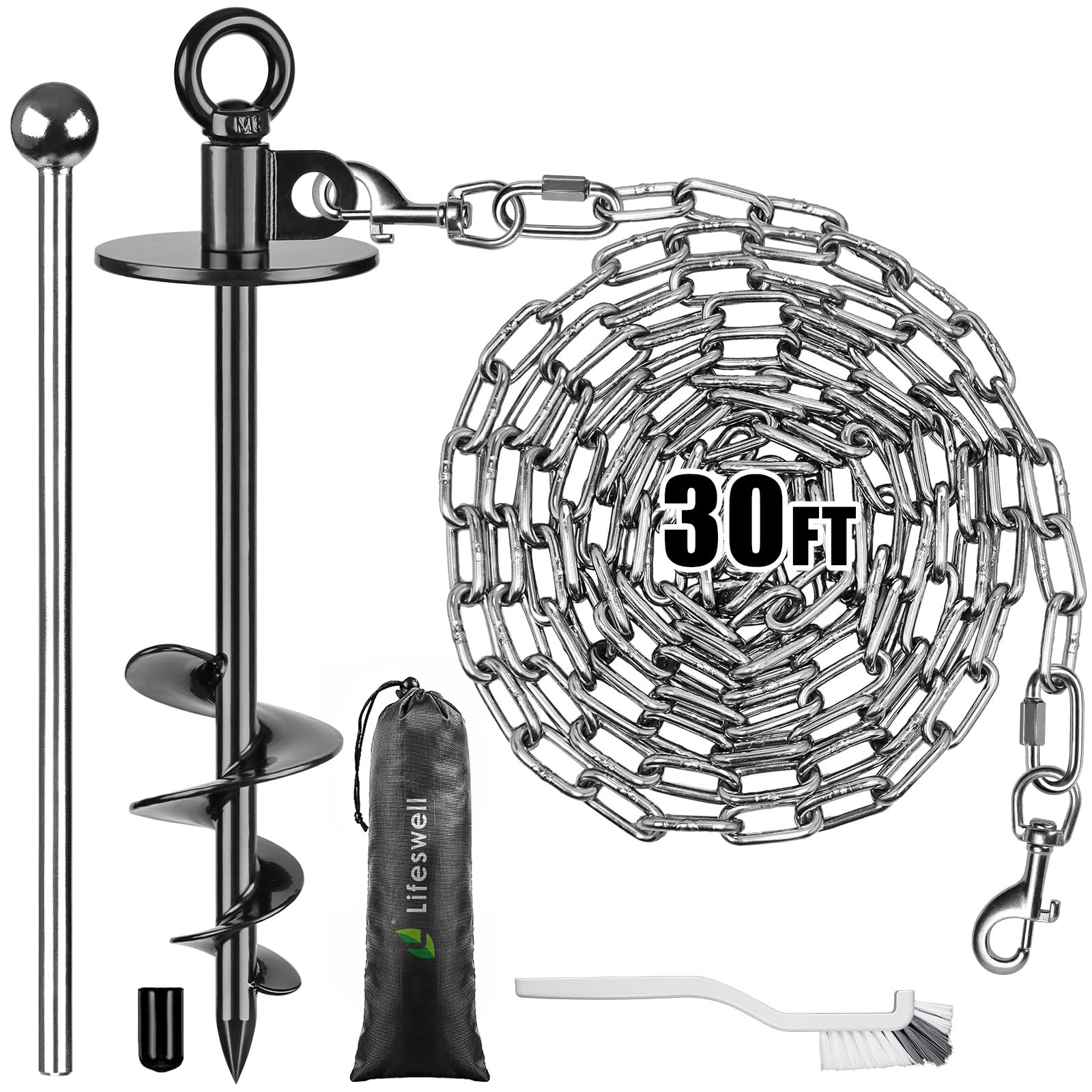 Dog Tie Out Chains And Stake, 30Ft Chew Proof Stainless Steel Dog Chains For Outside, 15' Heavy Duty Dog Anchor For Dogs Up To 