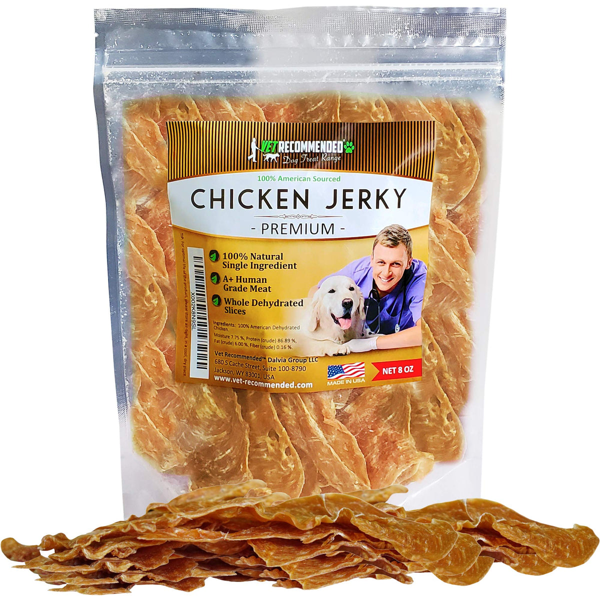 Vet Recommended Premium Chicken Jerky For Dogs - Giant 8Oz Bag | All Natural Dog Treats - Single Ingredient - No Fillers Or Preservatives - Whole Dehydrated Chicken - Made In Usa