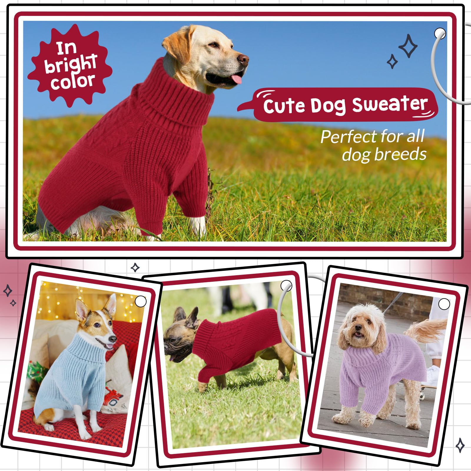 Queenmore Puppy Sweaters - Warm Winter Or Fall Dog Sweaters ( Solid Turtleneck Knit, Red ) For Dog Girls & Boys, Small To Large