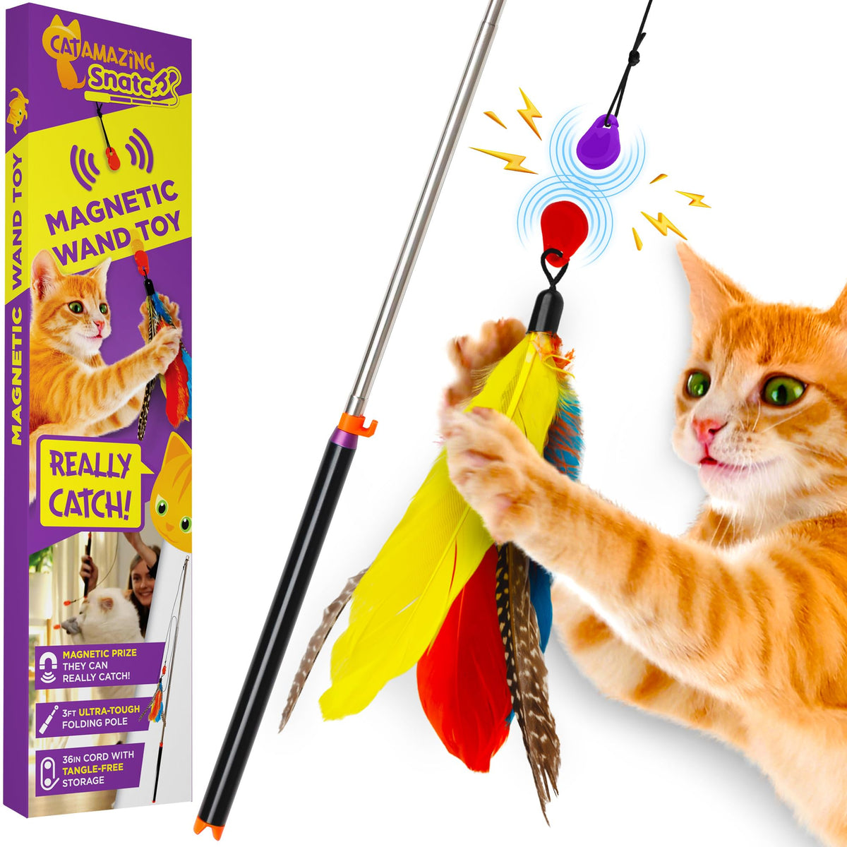Cat Amazing Snatch Pack - 5 Magnetic Attachments For The Snatch Magnetic Wand Toy - Catnip Mouse, Rattle Snake, Crinkle Fish, Sc