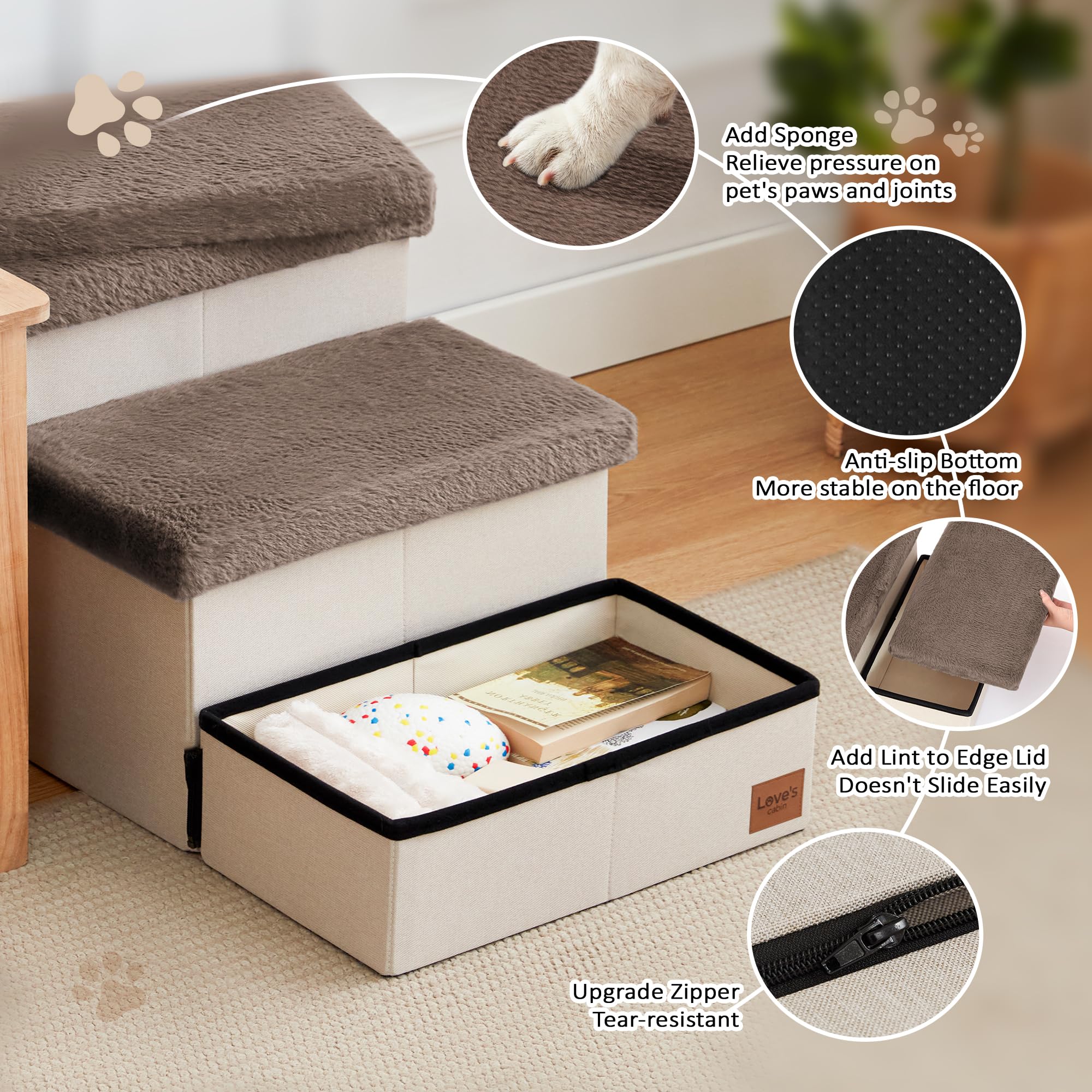 Love's Cabin Dog Stairs - 3 Steps, Foldable, 18" H, Brown Furry Lid for Small to Large Dogs, Supports up to 200 lbs