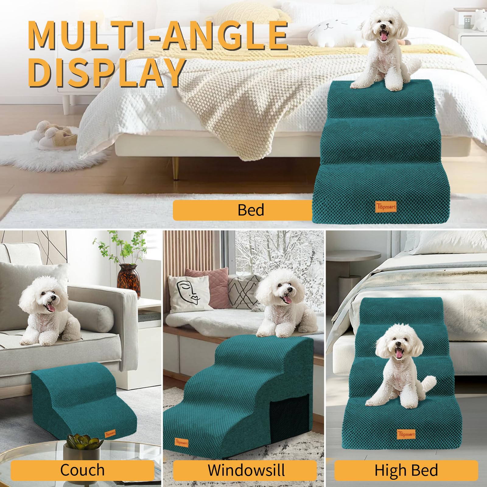 Topmart 3 Tiers Foam Dog Ramps/Steps,Non-Slip Dog Steps With Waterproof Cover,Extra Wide Deep Dog Stairs,High Density Foam Pet S