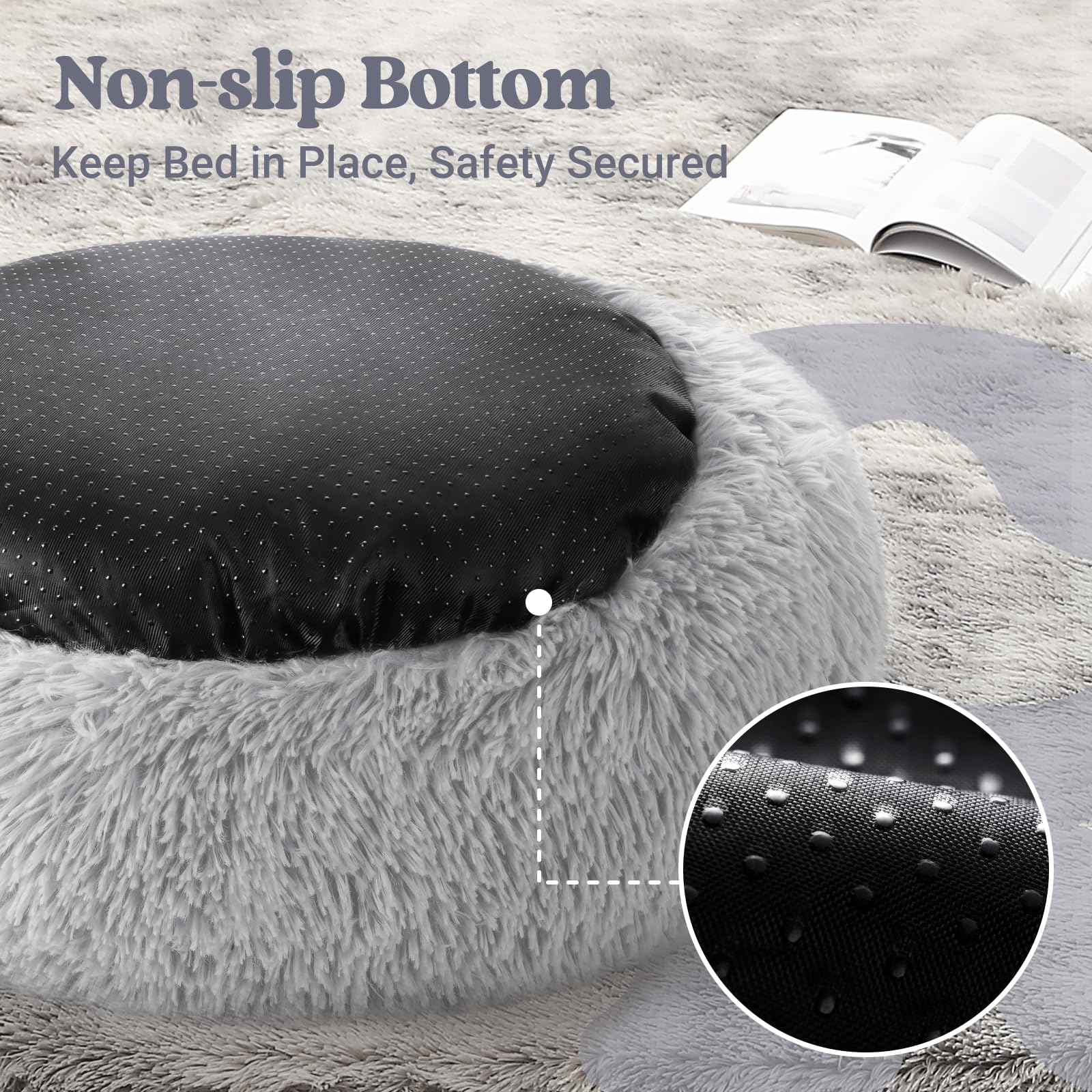 Rabbitgoo Dog Bed For Small, 24 Inches Machine Washable, Fluffy Donut Pet Bed Anti-Slip, Calming Soft Plush Round Cushion, Fits Up To 18 Lbs Pets, Light Grey