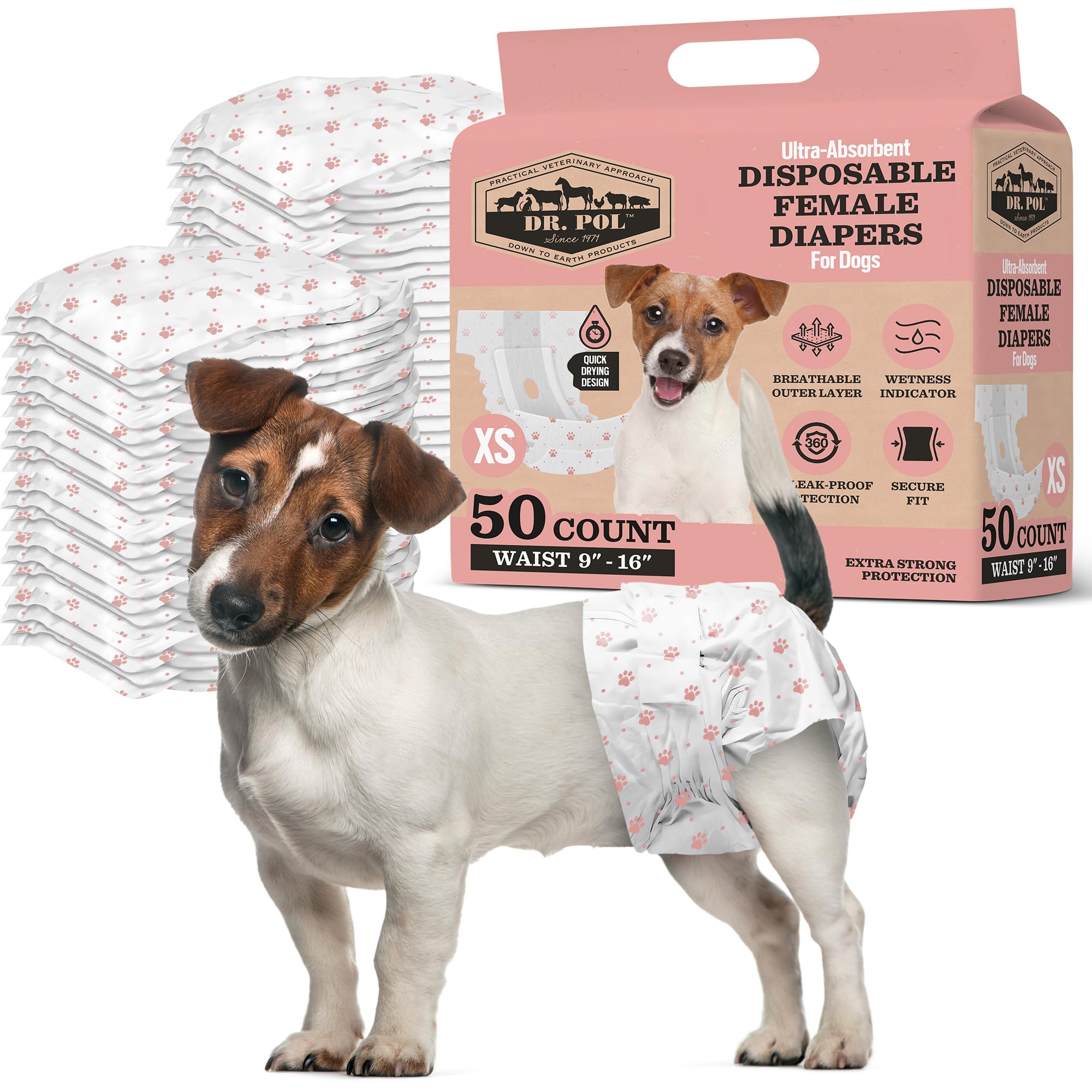 Dr. Pol Female Dog Diapers - Super Absorbent, Breathable, Leak-Proof With Wetness Indicator, X-Small, 50 Count