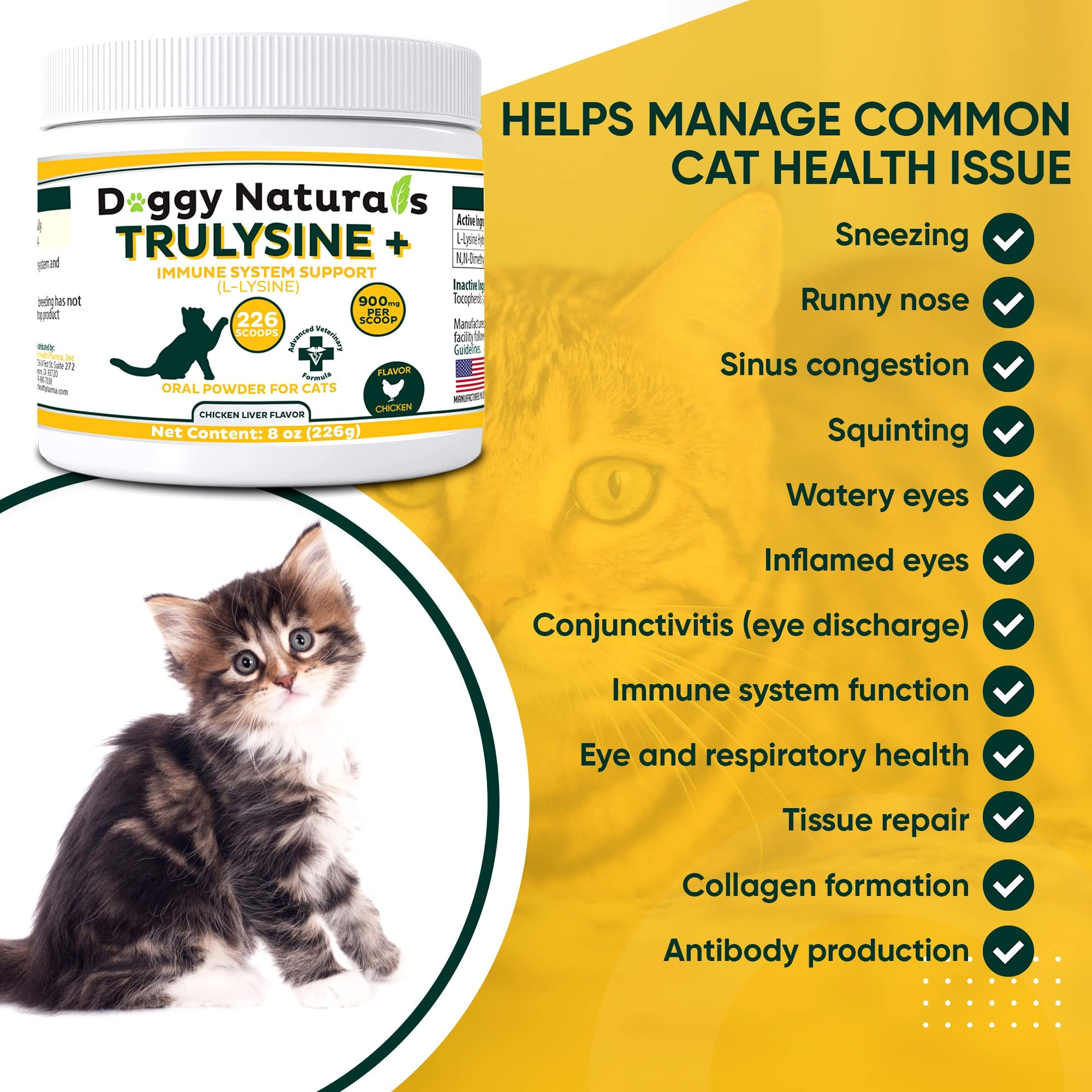 Trulysine Plus L-Lysine for Cats Immune Support Oral Powder 8oz/226g - Cats & Kittens of All Age, Sneezing, Runny Nose Squinting