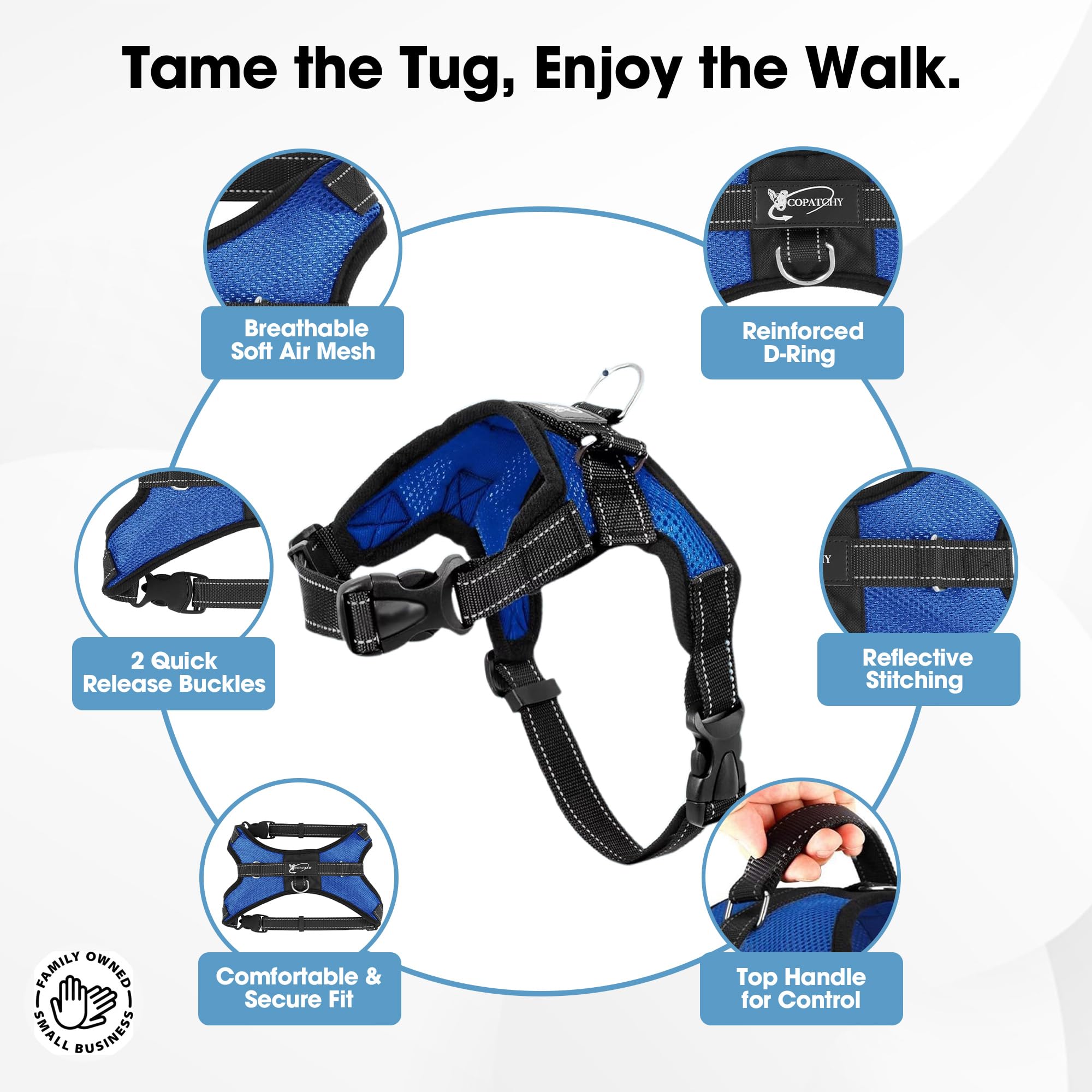 Copatchy No Pull Reflective Adjustable Dog Harness With Handle- Comfortable Soft All Weather Mesh, Easy On Puppy Harness For Small Medium And Large Dogs (Blue) Medium