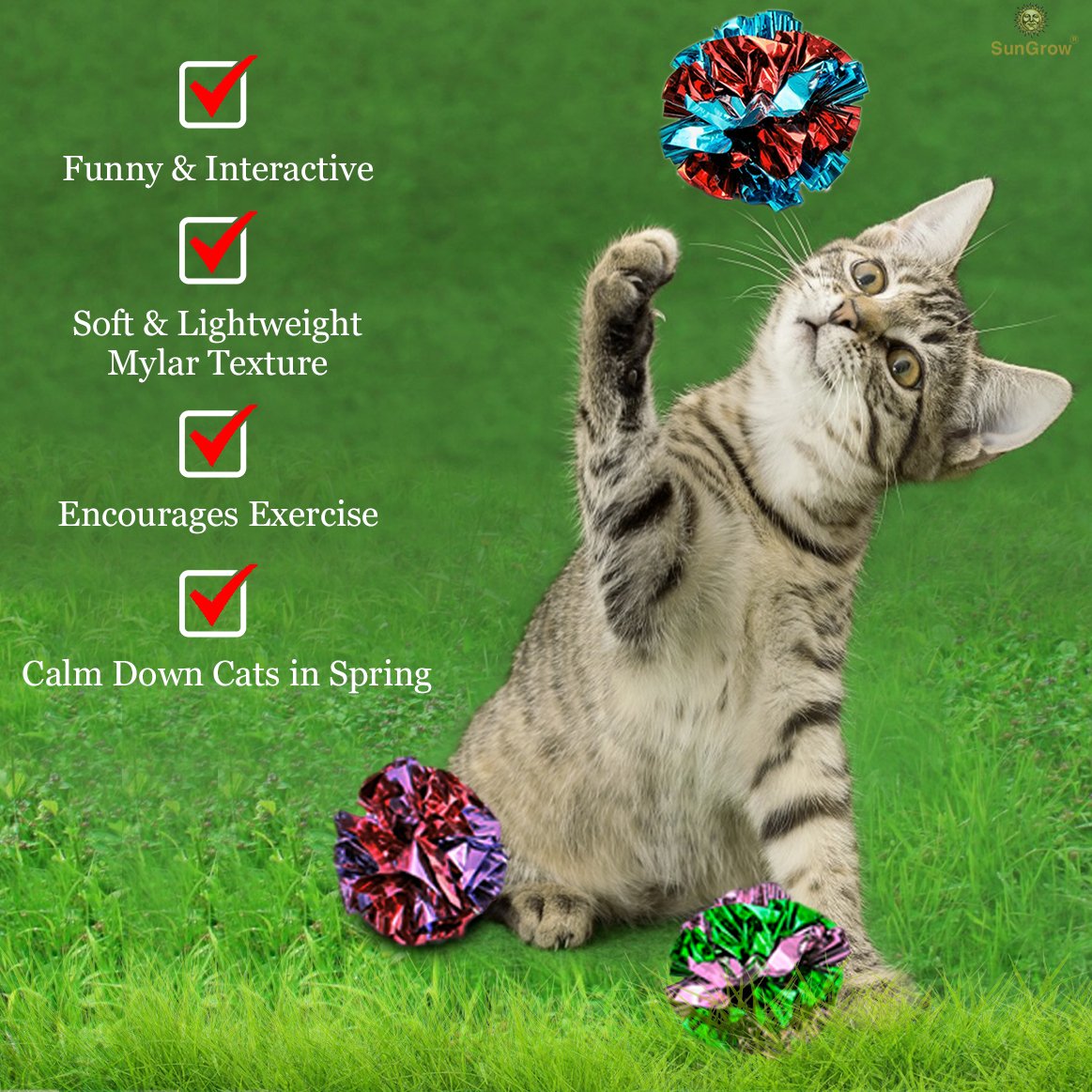 SunGrow 12 Pack Cat Crinkle Balls - 2 Inch Toys for Indoor Pets - Keep Your Feline Energetic & Excited with Vibrant Colors, Ligh