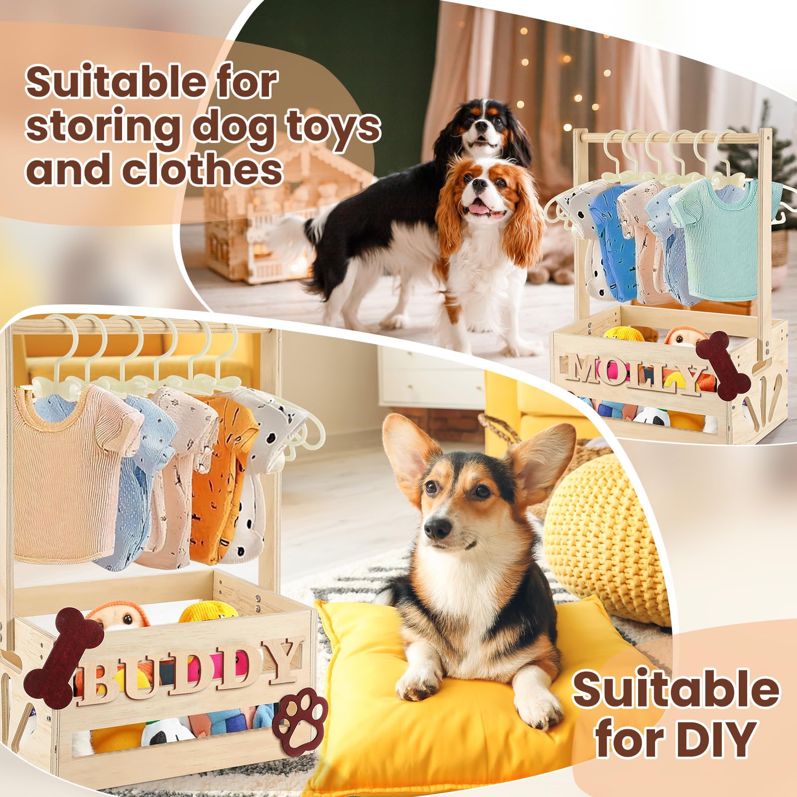 Teenyyou 20 x 13 x 9 Wooden Pet Wardrobe Closet Crate Box with Hanging Rods and Personalized Pet Alphabet Letters Easy Assembly