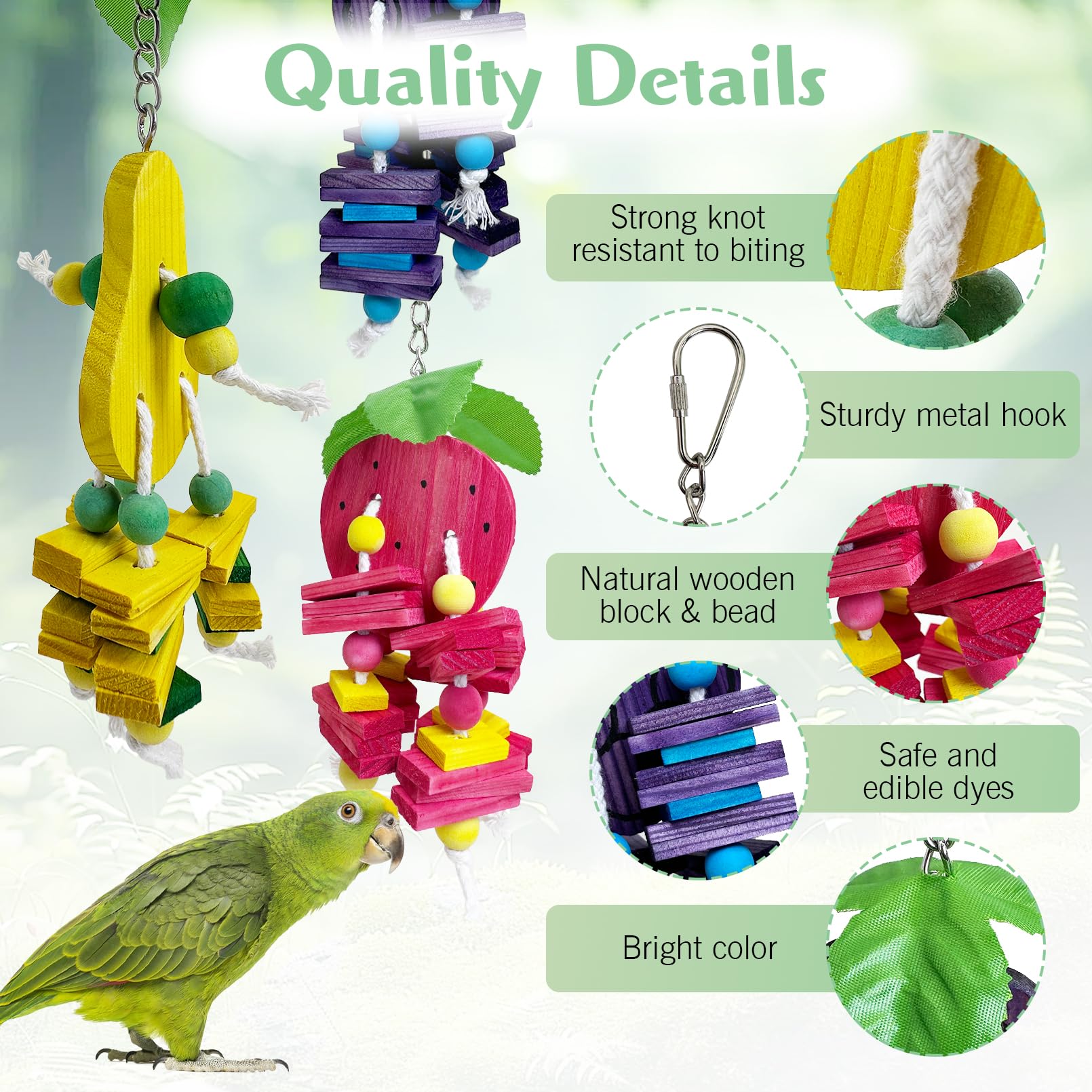 Hamiledyi Natural Wood Block Bird Cage Toys Parrot Chewing Toy Apple&Grape&Pear&Strawberry Shaped Hanging Foraging Toy For Small