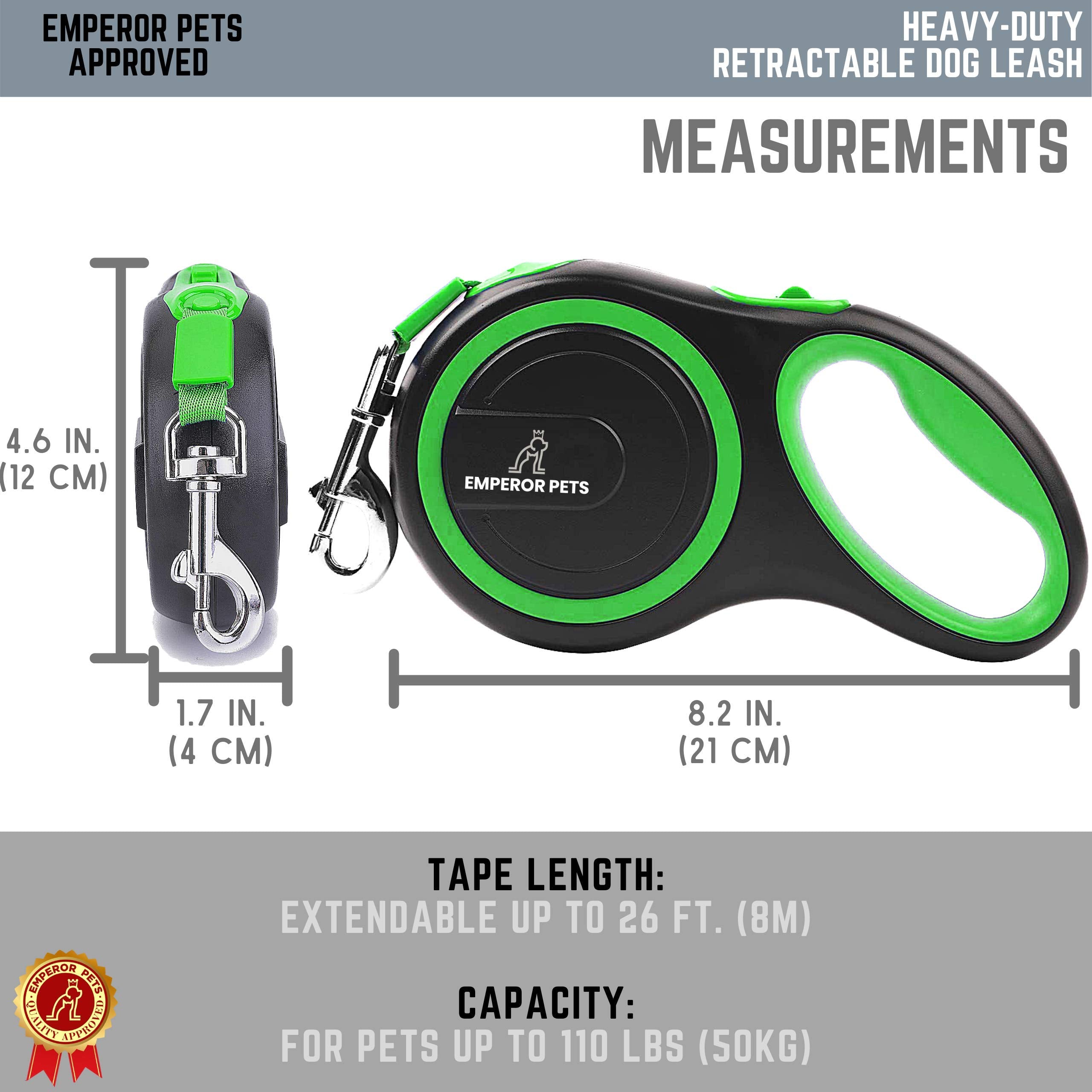 EMPEROR PETS Retractable Dog Leash for Large Dogs, Heavy Duty 26 ft Nylon, Green, Up to 110lb, Model EMP-HQL1-GN26