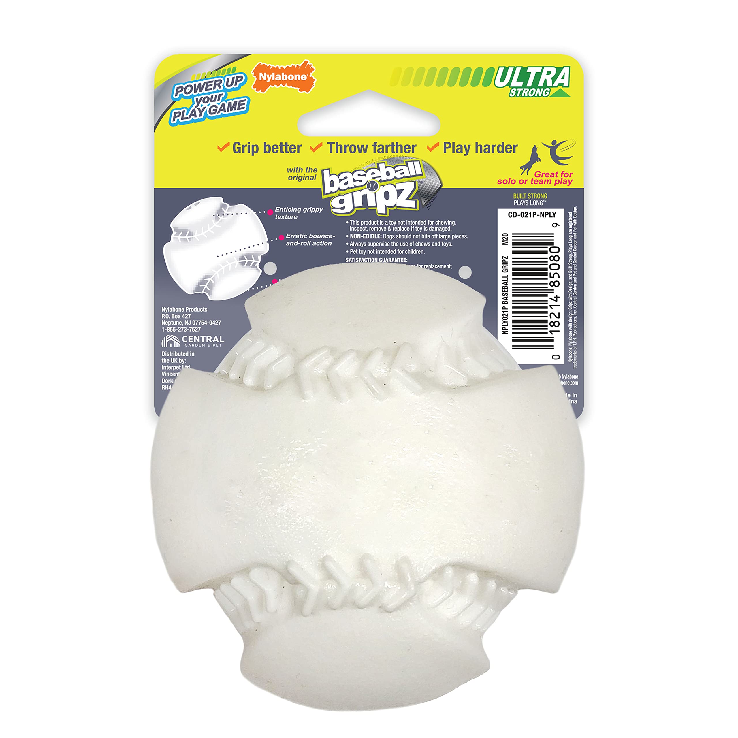 Nylabone Power Play Baseball Gripz Fetch Toy, Squeaky Ball Chew Toy For Dogs, Medium (1 Count)