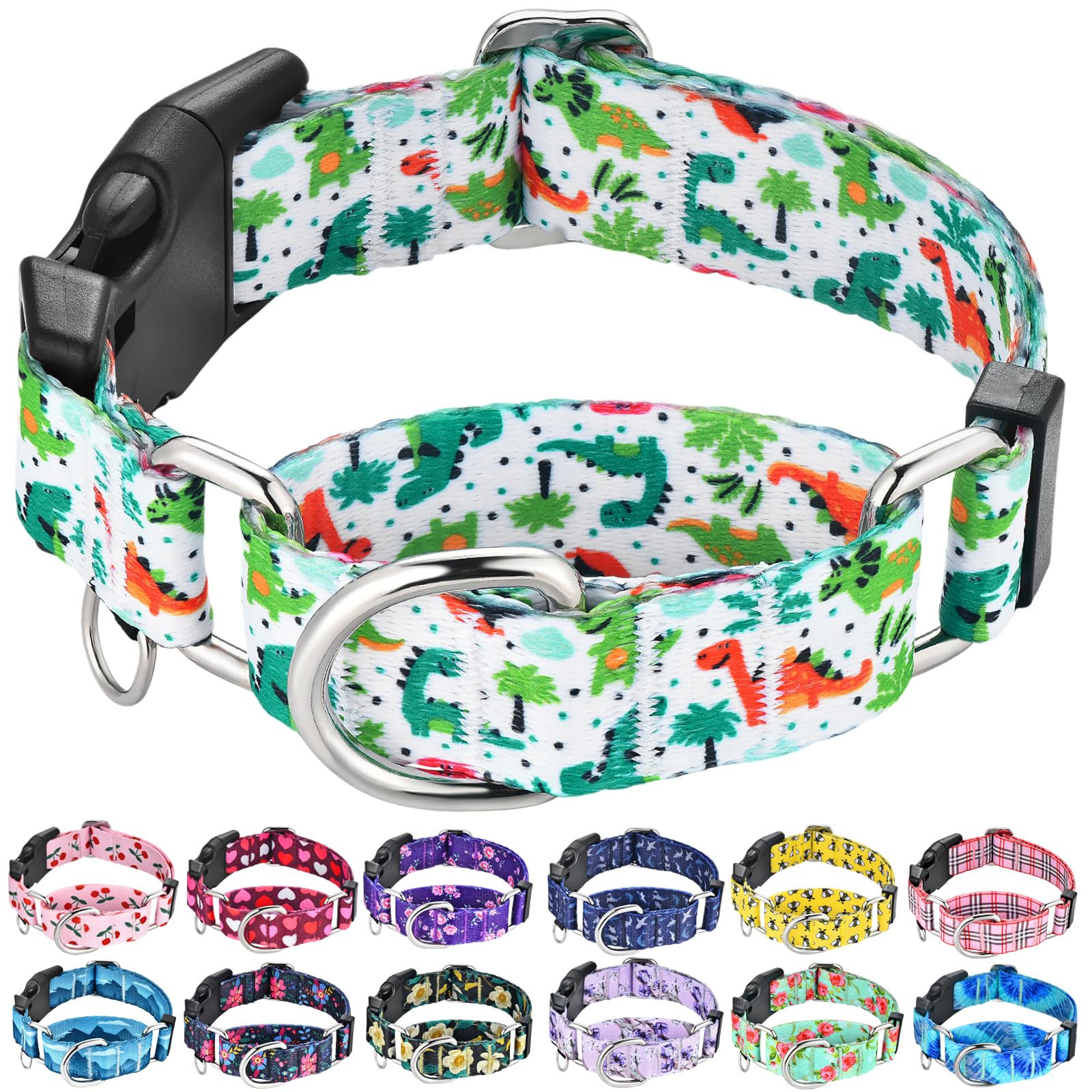 Fidohug Martingale Dog Collars With Buckle No Pull Training Dog Collar For Large Dogs (Green Dinosaur, Large)