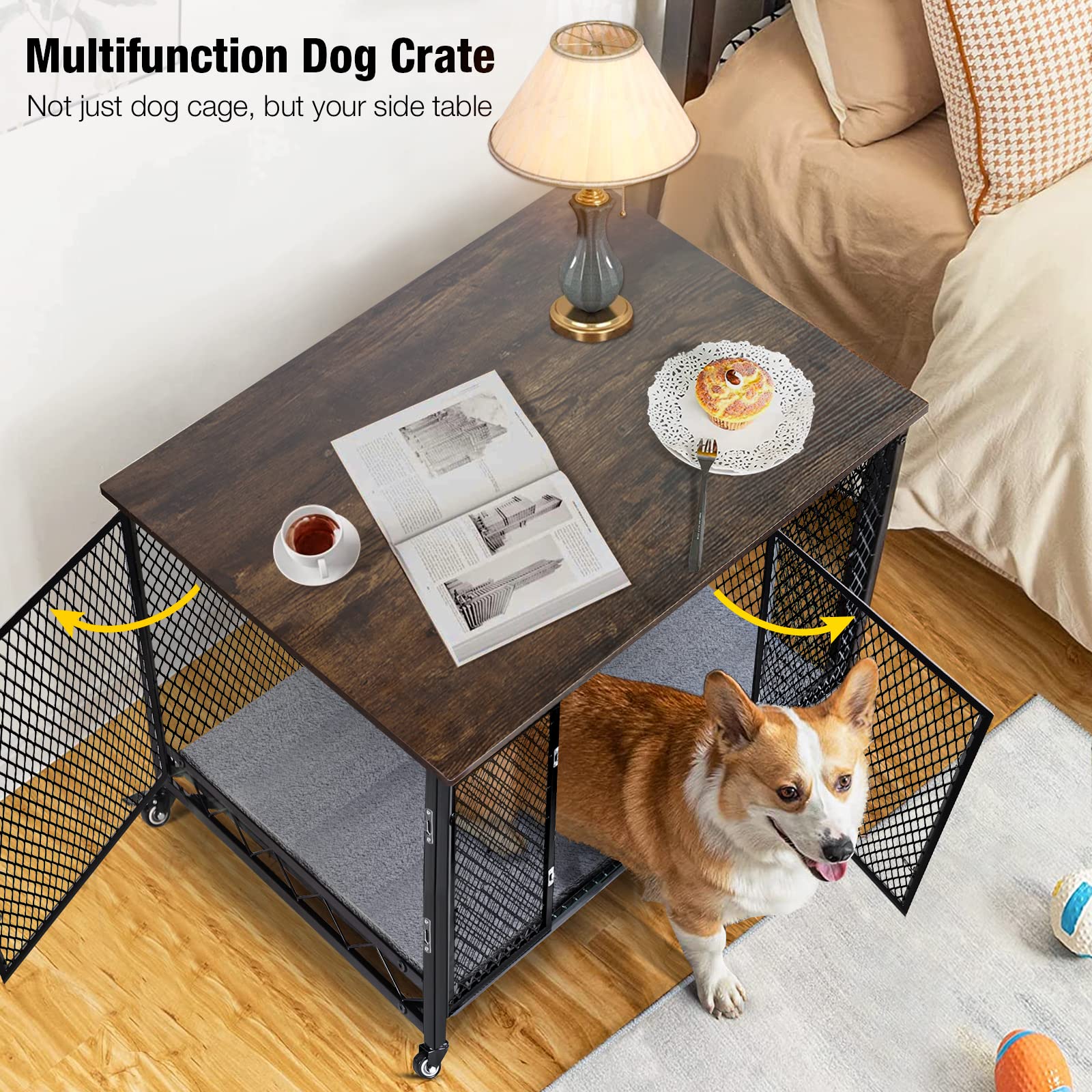 Aivituvin Dog Crate Furniture Movable Side End Table Indoor Dog Kennel For Small Medium Large Dogs Double-Doors Wooden Dog House