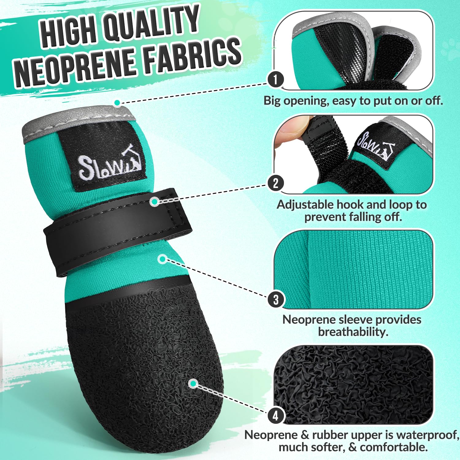 SlowTon Dog Shoes - Waterproof Sock Boots for Small to Large Dogs, Non-Slip, Teal, Size #5 (2.21-2.37")