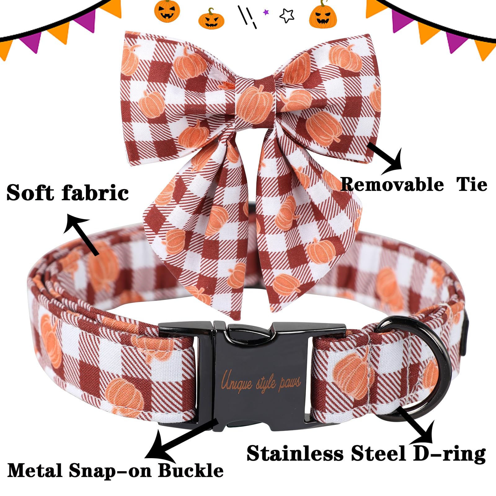 Unique Style Paws Cotton Dog Collar With Bow Halloween Pumpkin Plaid Dog Collar With Bow Tie For Small Medium Large Dogs Pets Gi