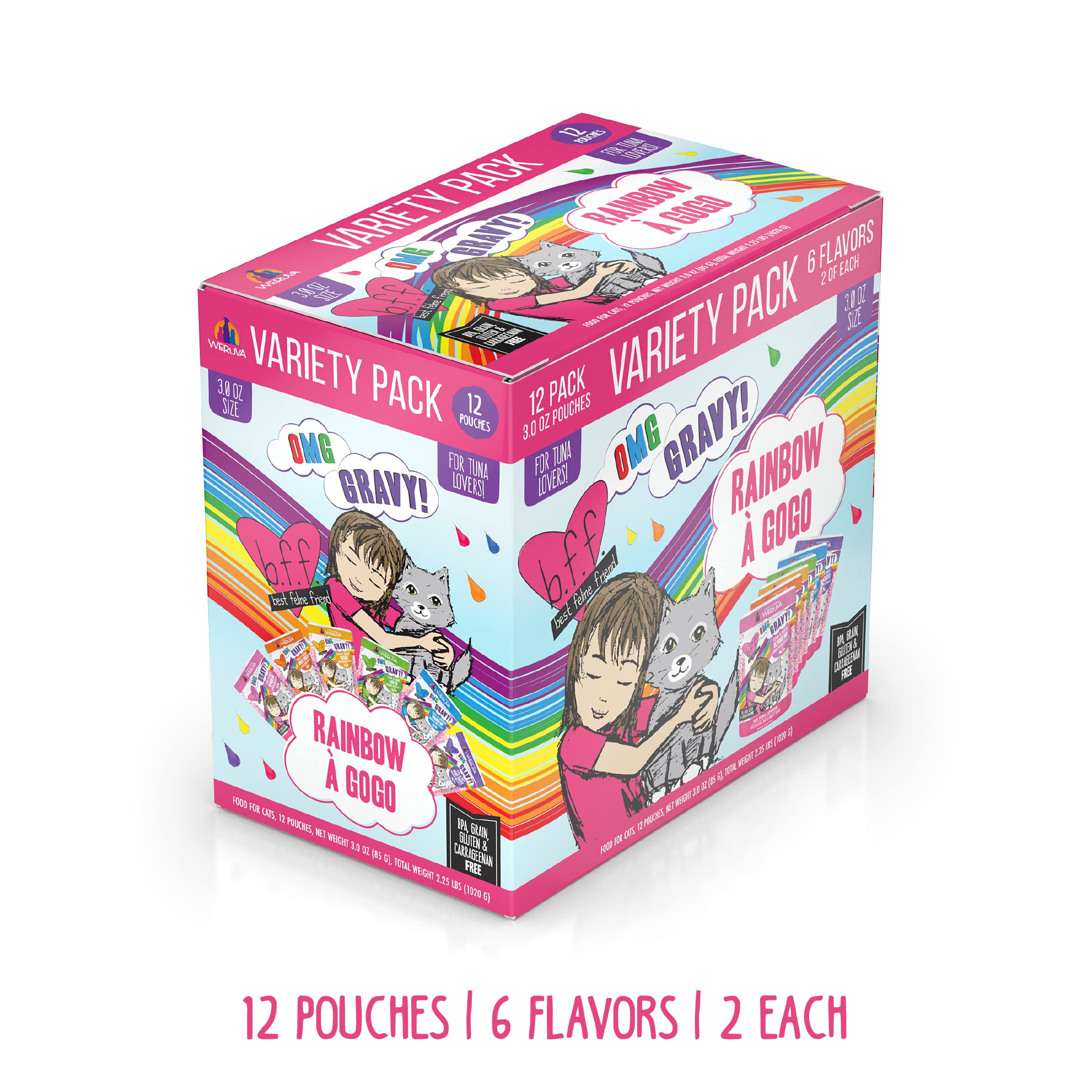 Weruva B.F.F. OMG - Best Feline Friend Oh My Gravy!, Rainbow A Gogo Variety Pack! Cat Food, 3oz Pouch (Pack of 12)