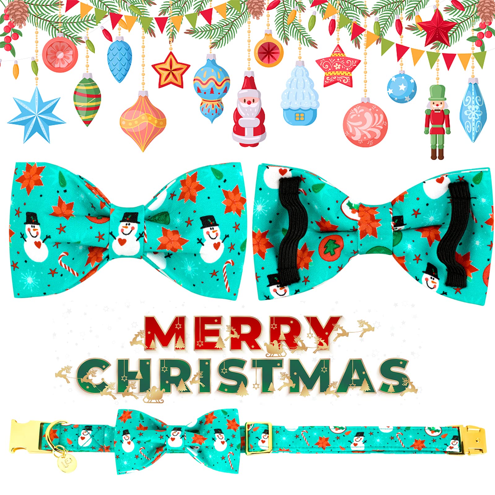 Up Urara Pup Dog Collar With Bow Tie, Christmas Comfortable Cotton Dog Bowtie Collar, Snowman Collar For Medium Girl Boy Dog, Durable Metal Buckle Green Dog Collar Bowtie, M, Neck 13.5-22In, Winter
