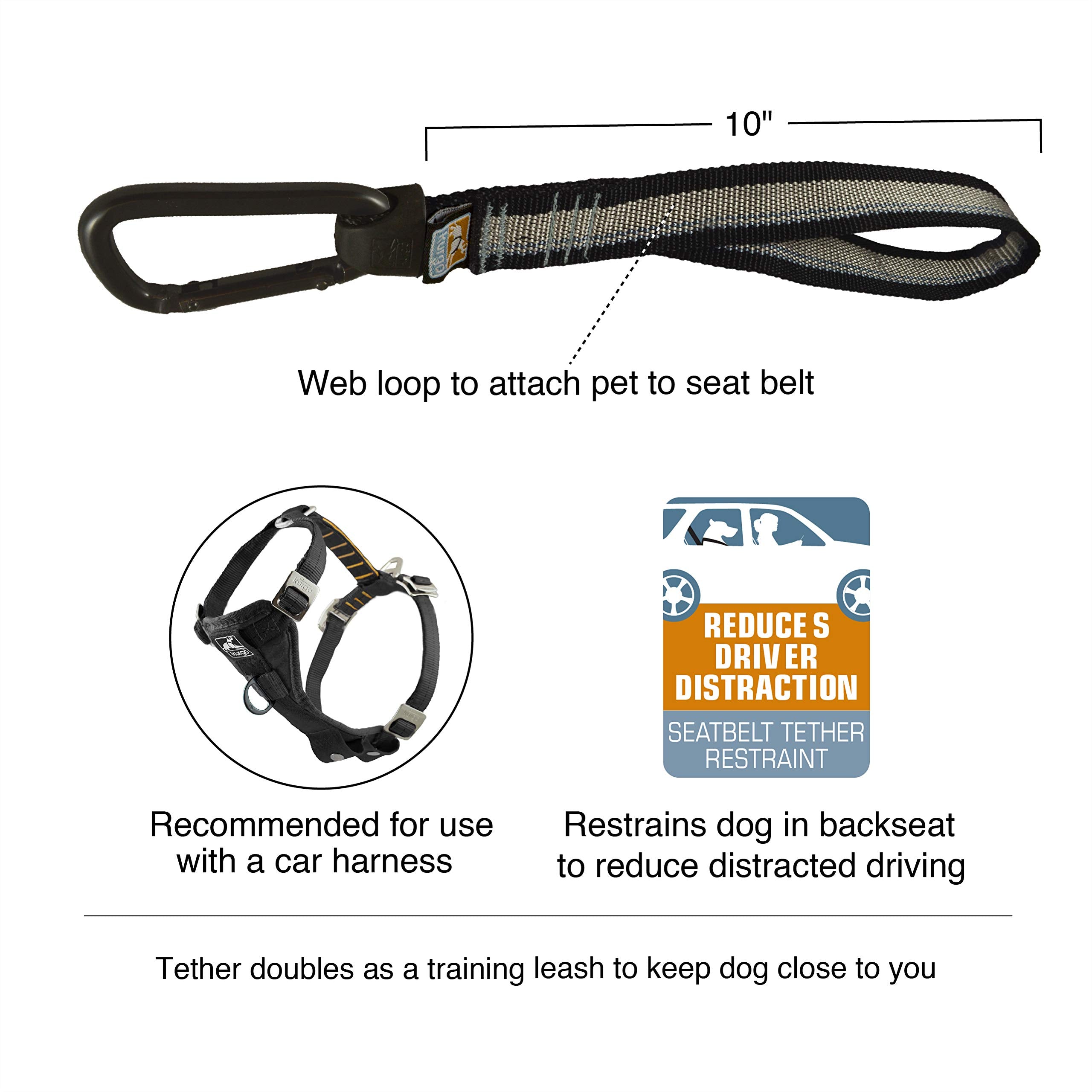 Kurgo Dog Seat Belt Pet Safety Tether With Carabiner, Tru-Fit Enhanced Strength Replacement Tether, Use With Car Safety Dog Harness, Seat Belt Tether (Black/Grey)