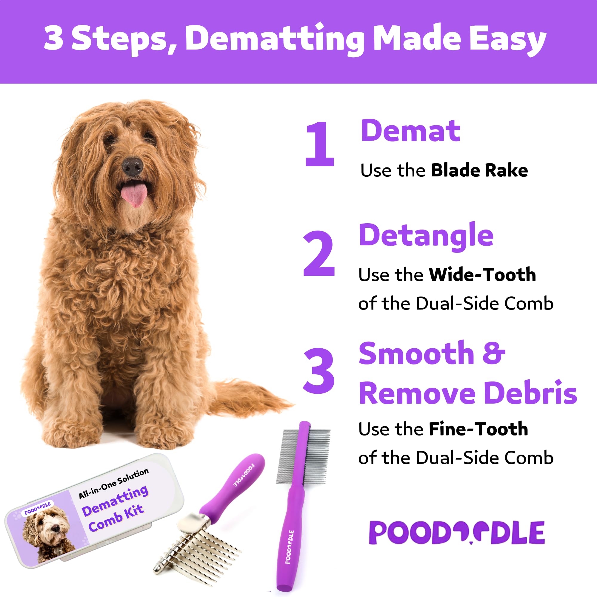 Poodoodle Dematting Comb Kit for Dogs & Cats - Pain-Free Dual-Side Rake & Brush Set, Purple, Ideal for Long Haired Pets