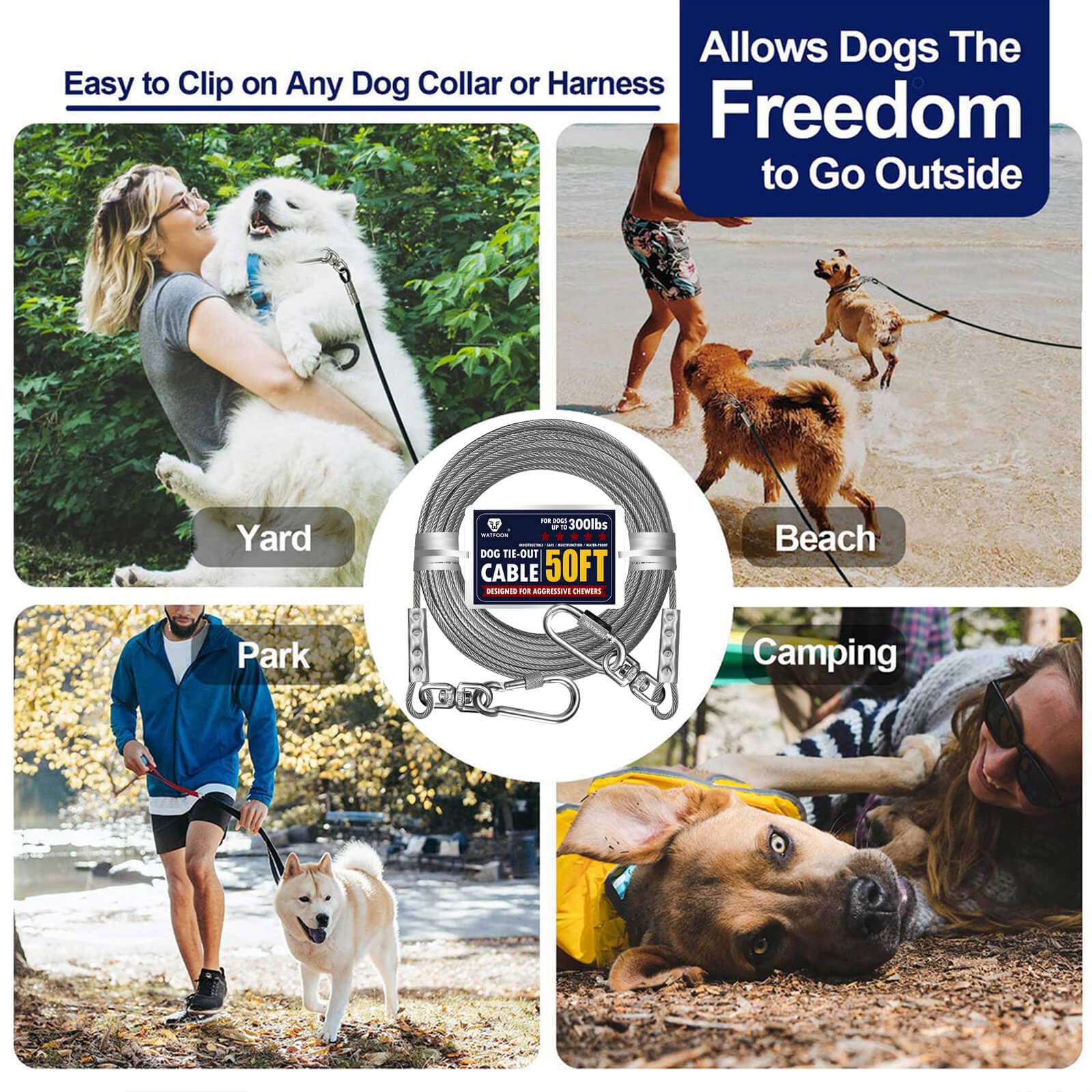 Extra Strong 100Ft Tie Out Cable For Large Dogs Up To 300 Lbs,1000+Pound Break Strength Tieout Tether Trolley Training Lead,Dog Run Cable For Yard Garden Park Camping Outside (Silver, 300Lbs 50Ft)