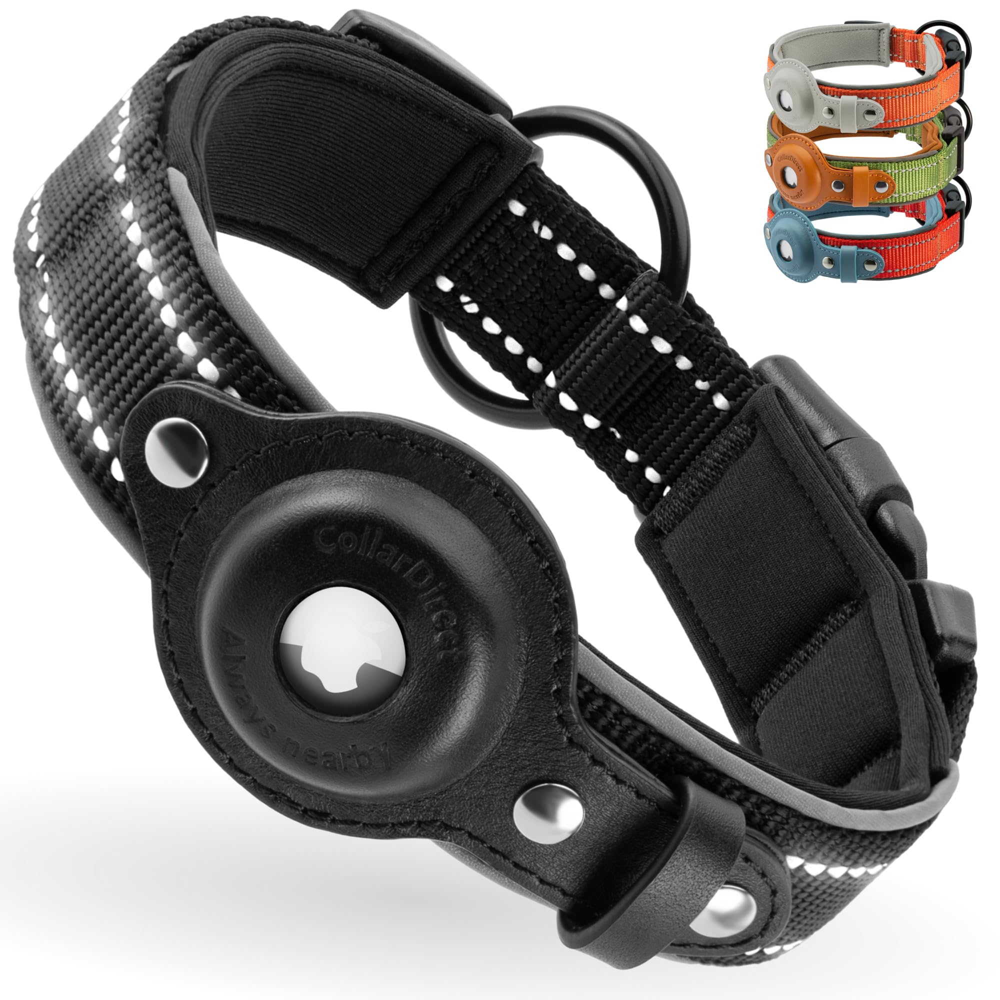 Collardirect Airtag Dog Collar Reflective Nylon Neoprene Leather Holder For Apple Air Tag For Large, Medium, And Small Dogs (Bla