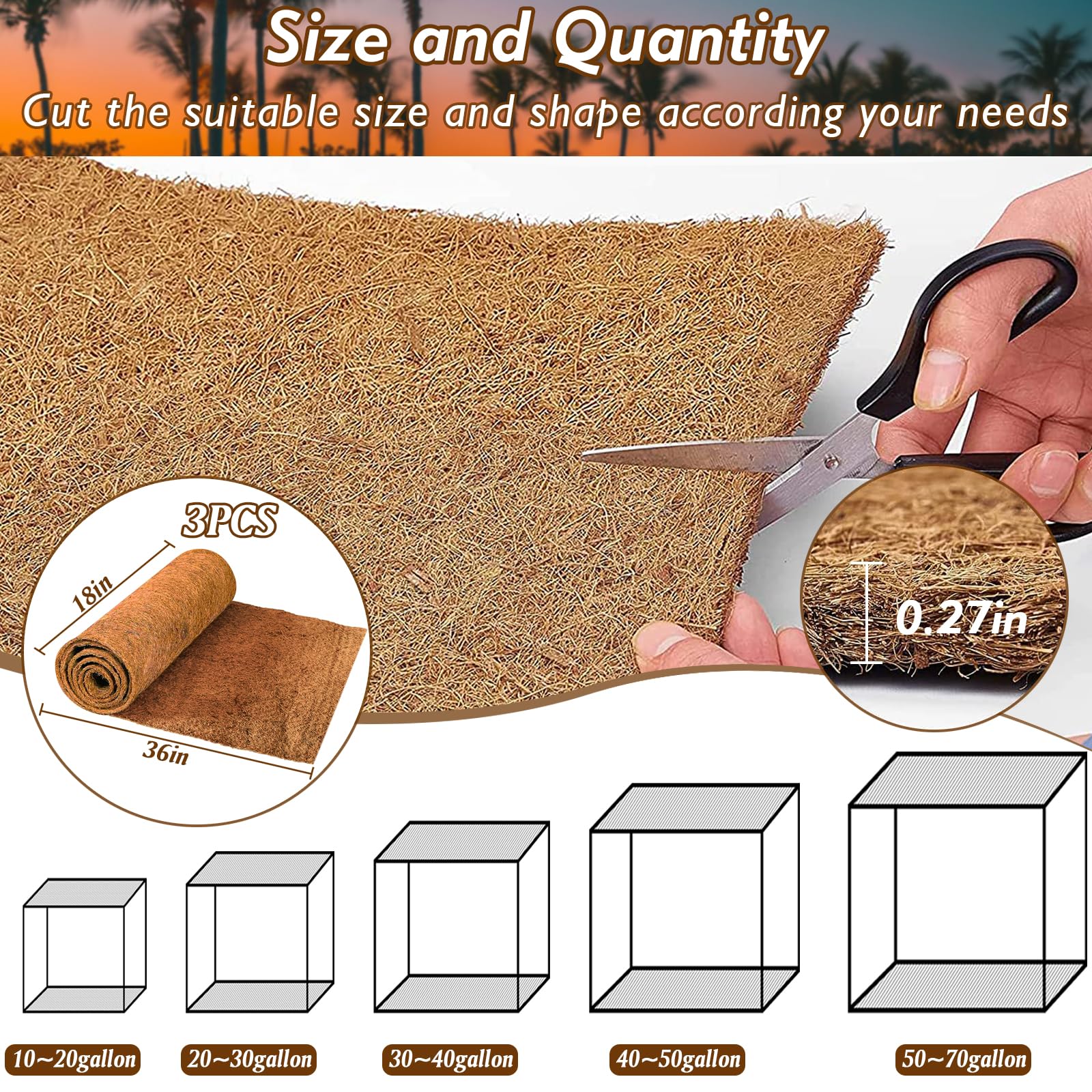 ZeeDix 3 Pieces Coconut Fiber Reptile Substrate Mat, 18 x 36 inches Natural Coco Mat Reptile Carpet Coco Fiber Liner Turtle Bedd