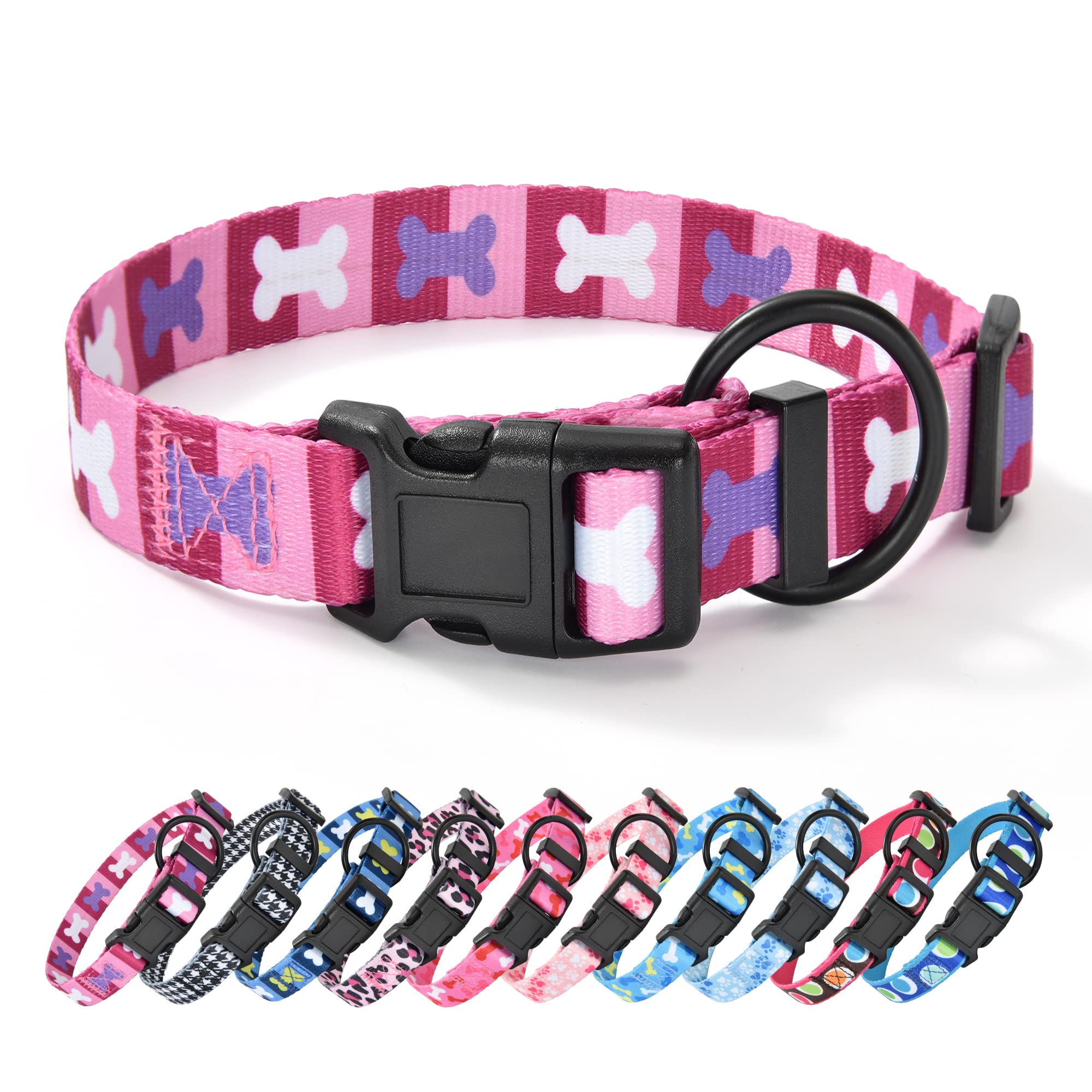 Mile High Life Dog Collar | Nylon Puppy Collars W Cute Patterns | Lightweight Girl Dog Collar | Boy Dog Collar For Small/Medium/Large Dogs (Purple Bone, Large)