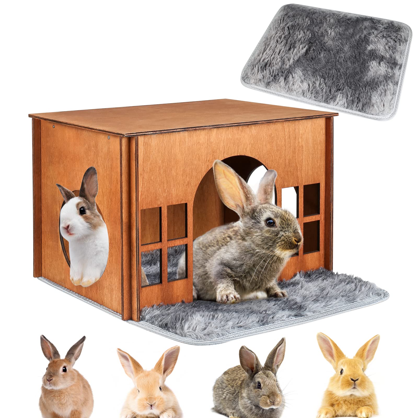 Rabbit House Wooden, Rabbit Houses And Hideouts Whearted, Large Rabbit Hideout Bunny House With Multiple Windows For Indoor Adult Bunnies Guinea Pigs Chinchilla Habitat - Brown