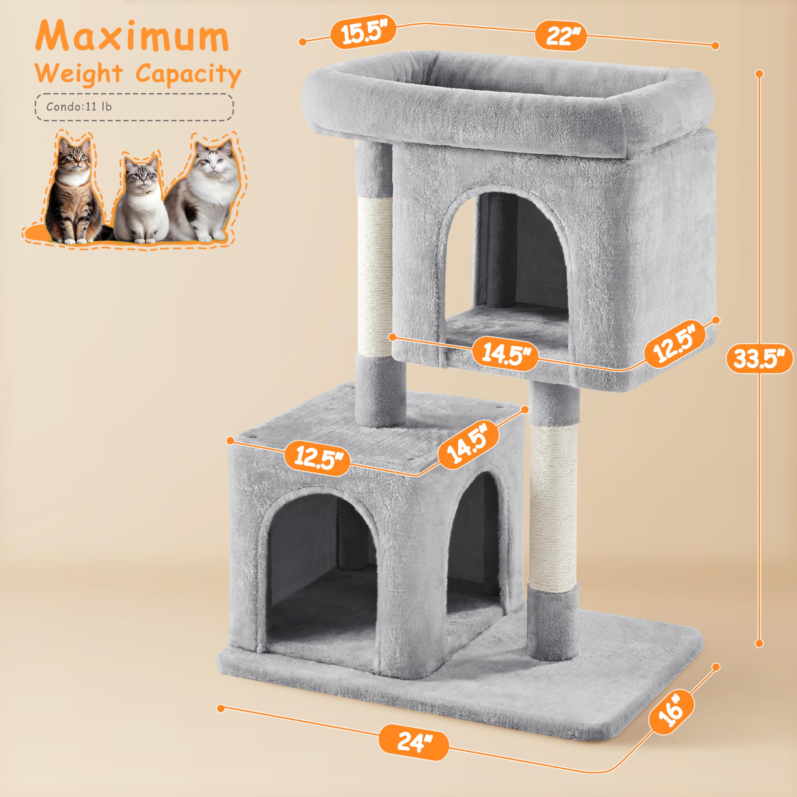 Yaheetech 33.5'' Cat Tree Cat Tower With 2 Cozy Plush Condos & Sisal Scratching Posts Cat Stand House For Cats & Pets