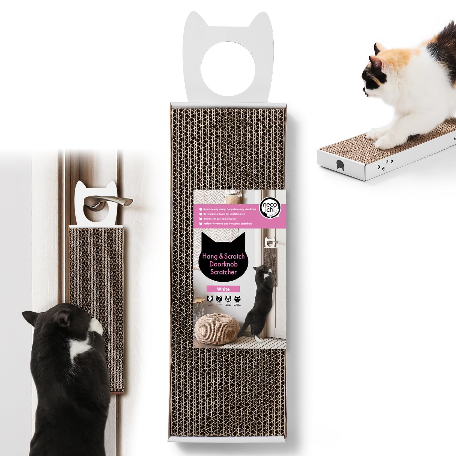 Necoichi Cardboard Hang & Scratch Doorknob Cat Scratcherfor Indoor Cats - Cat Scratching Board, Cat Scratch Pad Lounger With Rev