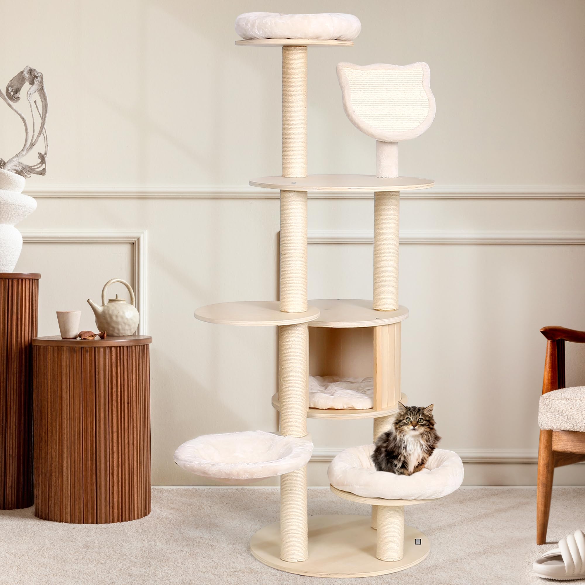 Kamaboko 64'' Tall Cat Tree - Wooden Cat Trees Tower With Cat Condo, Hammock & Top Perch, Modern Tall Cat Tree W/Natural Sisal P