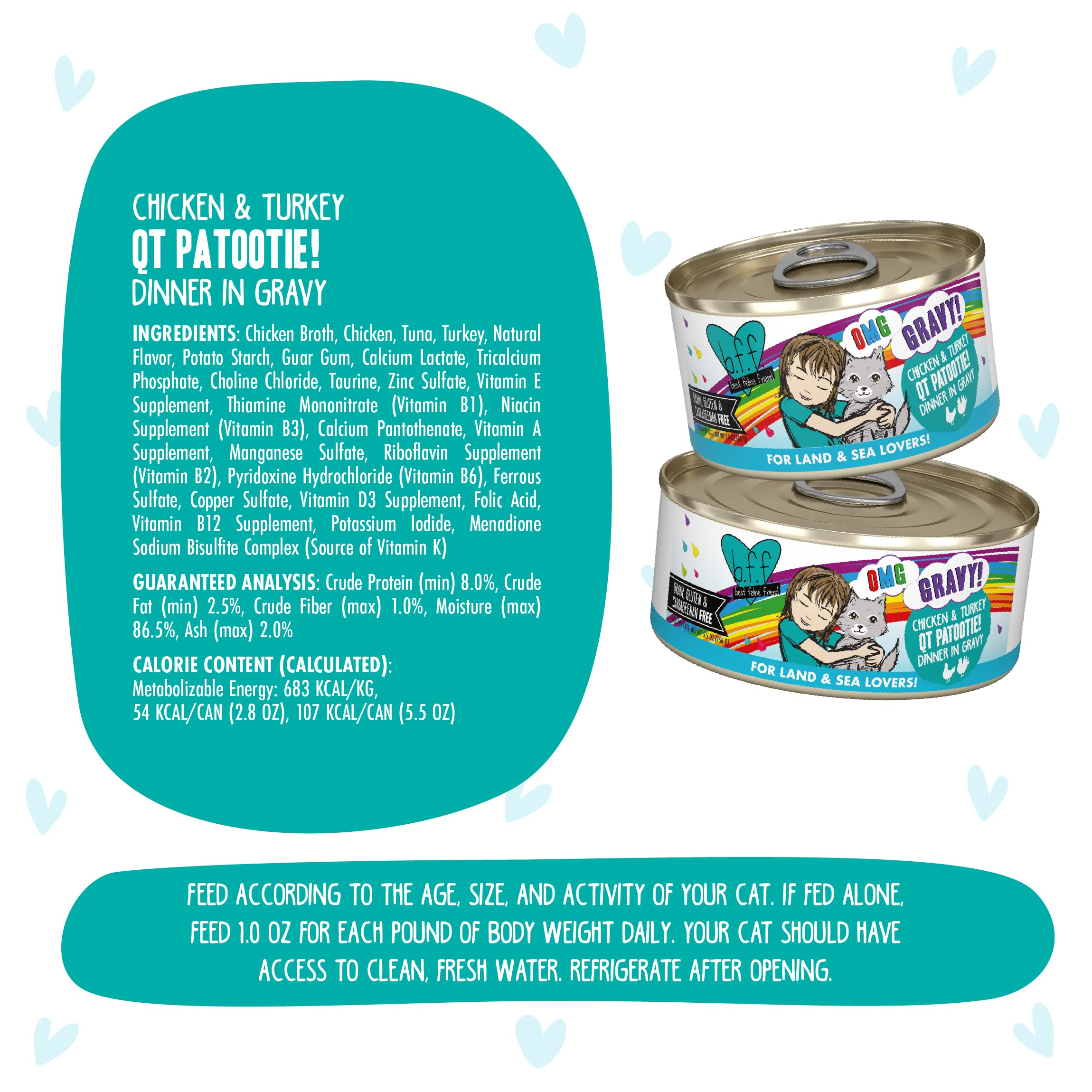 Weruva B.F.F. OMG - Best Feline Friend Oh My Gravy! Grain-Free Wet Cat Food Cans, QT Patootie! Chicken & Turkey, 2.8 oz Can (Pac