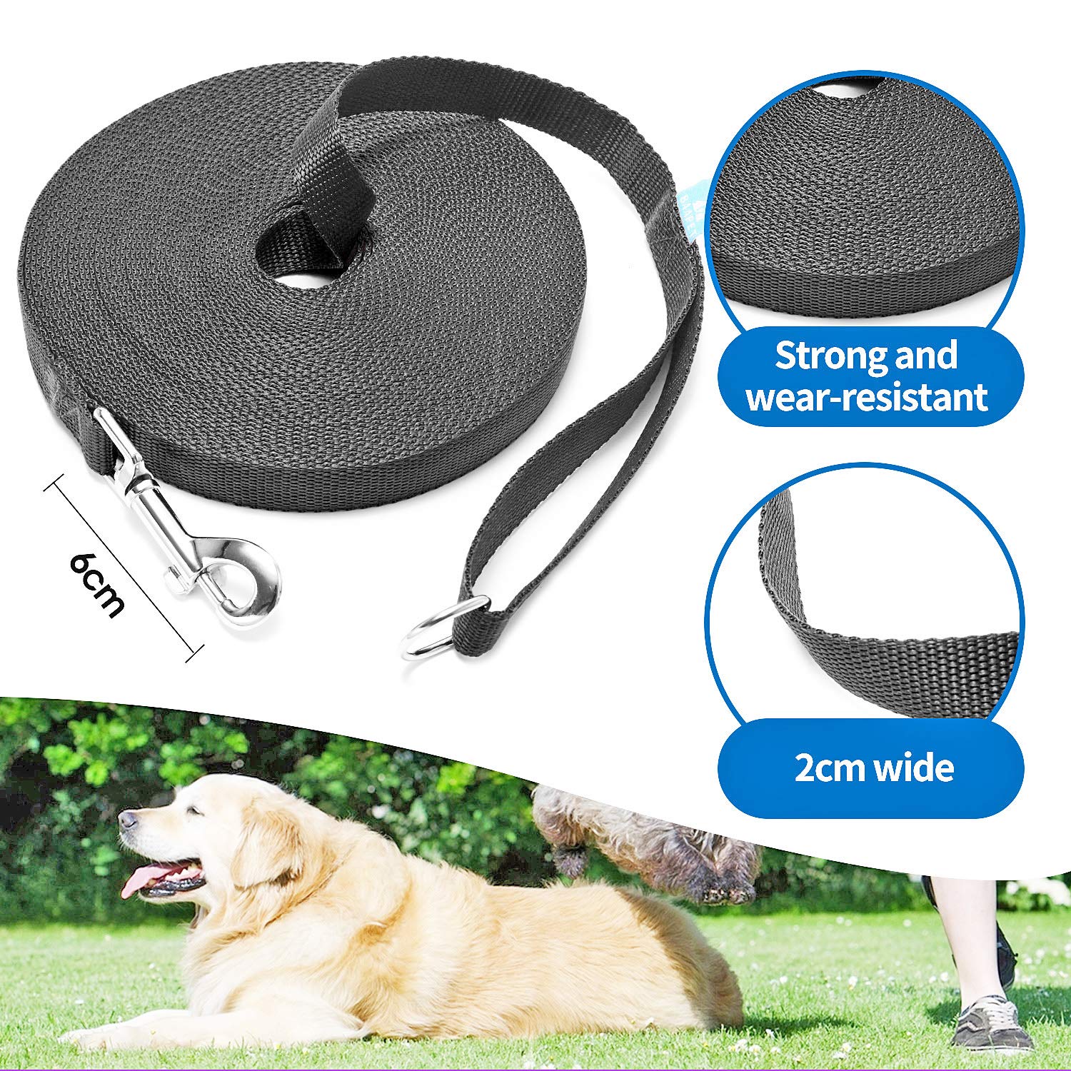 Baapet 15/20/30/50/100 Ft Long Dog Training Leash With Clickers For Small, Medium And Large Dogs Or Cats (30 Feet, Black)