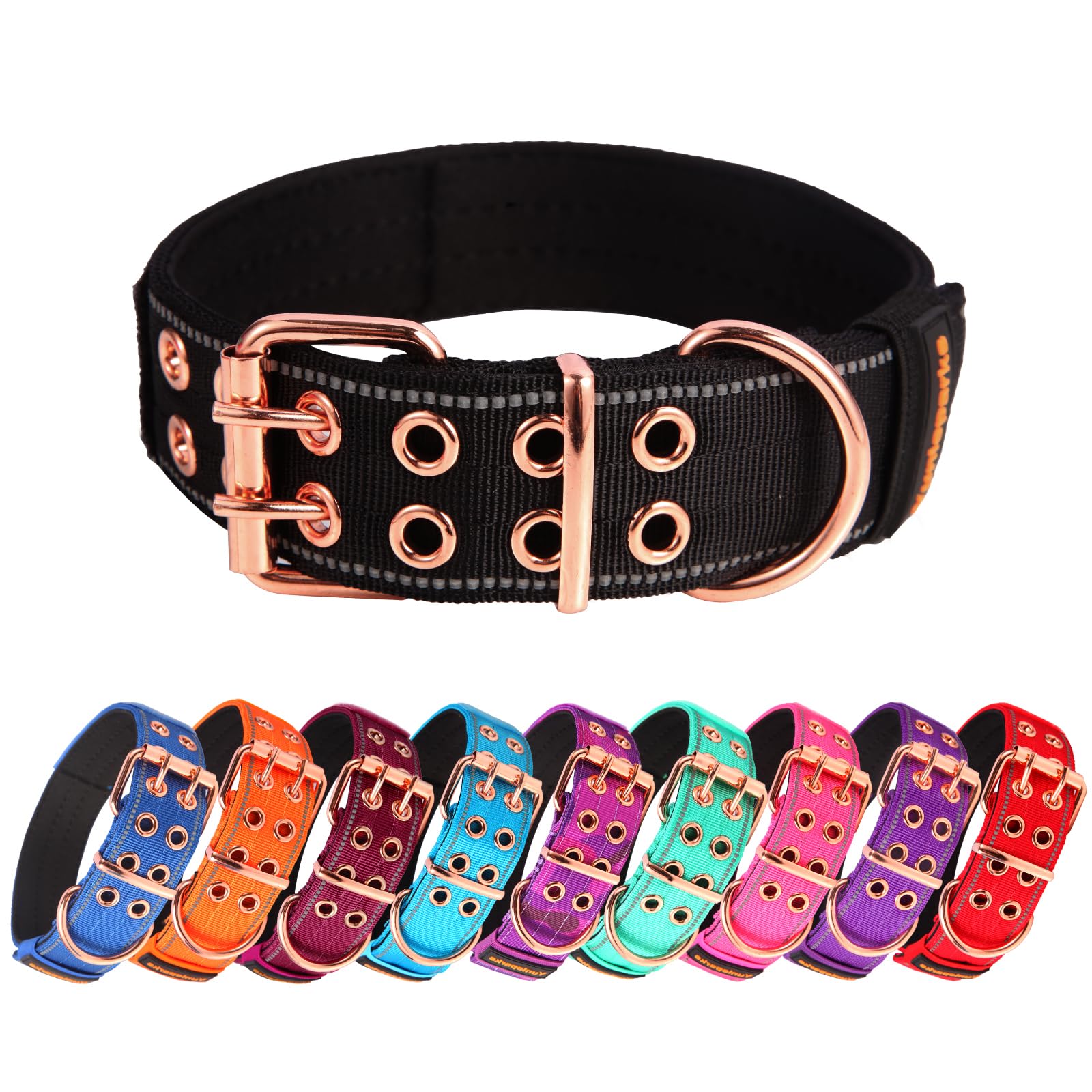 Yunleparks Heavy Duty Tactical Dog Collar With Neoprene Padded And Metal Buckle, Reflective Nylon For Medium To Large Dogs(Black