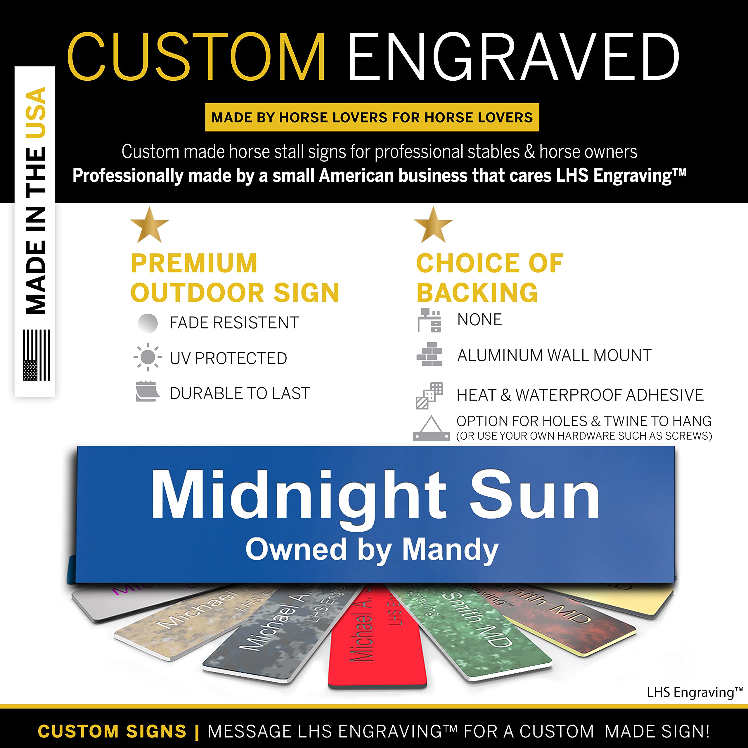 Lhs | Personalized Horse Stall Name Plates, 2X8 Horse Stall Signs With Adhesive, All Weather Uv Protected, Blue Plastic With Whi