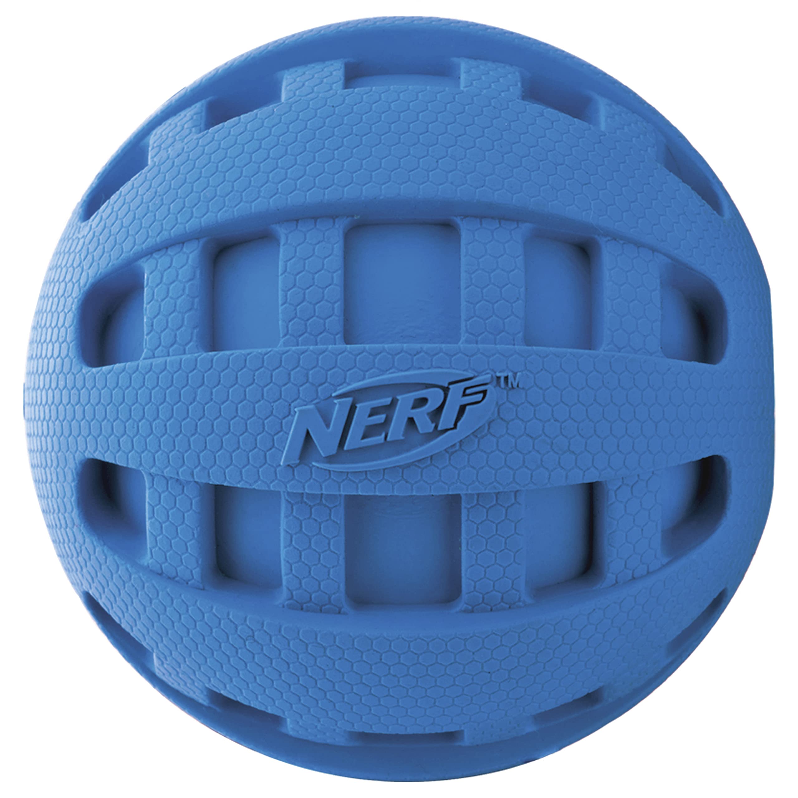 Nerf Dog Rubber Ball Dog Toy With Checkered Squeaker, Lightweight, Durable And Water Resistant, 4 Inch Diameter For Medium/Large Breeds, Single Unit, Blue