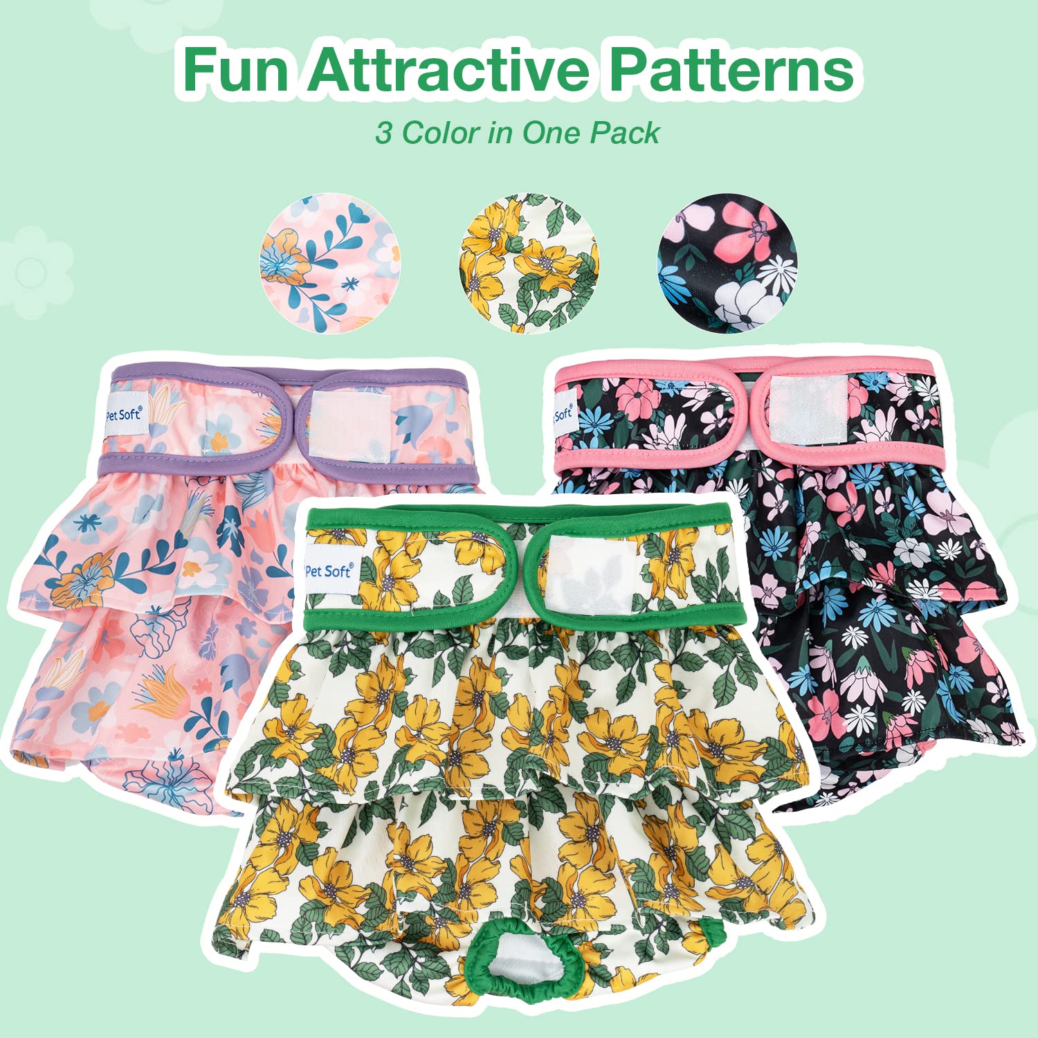 Pet Soft Washable Female Diapers (3 Pack) - Female Dog Diapers, Dress Style Comfort Reusable Doggy Diapers For Girl Dog In Period Heat (Floral, L)