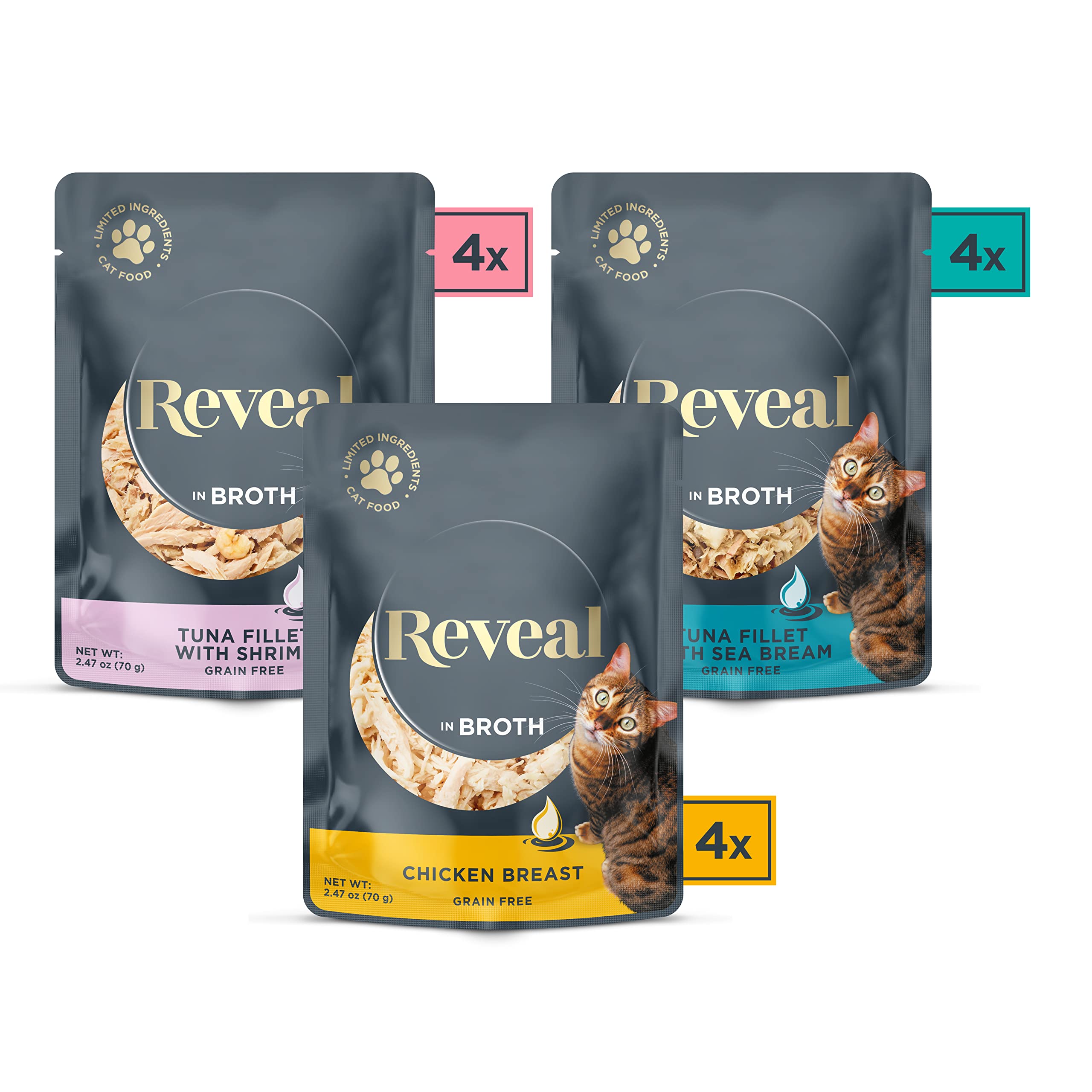 Reveal Natural Wet Cat Food, 12 Count, Grain Free, Limited Ingredient Cat Food Pouches, Tuna with Sea Bream in Broth, 2.47 oz Po