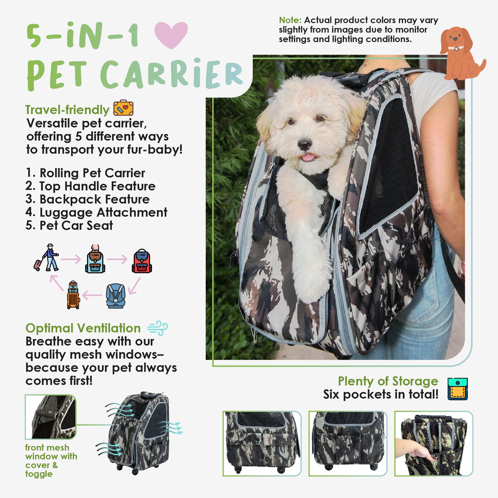 Petique 5-In-1 Pet Carrier, Features: Rolling, Top Handle, Backpack, Luggage Attachment, Car Seat All In One For Small To Medium Dog, Cat, Bunny, Supports Pets Up To 25Lbs - Army Camo