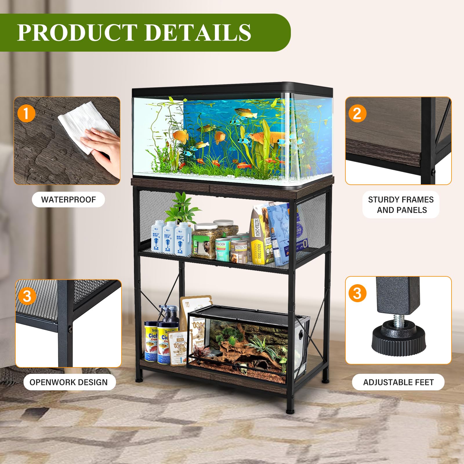 LALA IKAI Fish Tank Stand for 10-20 Gallon Aquariums Heavy Duty Adjustable Height Double Tier Steel Structure Sturdy Design Rept