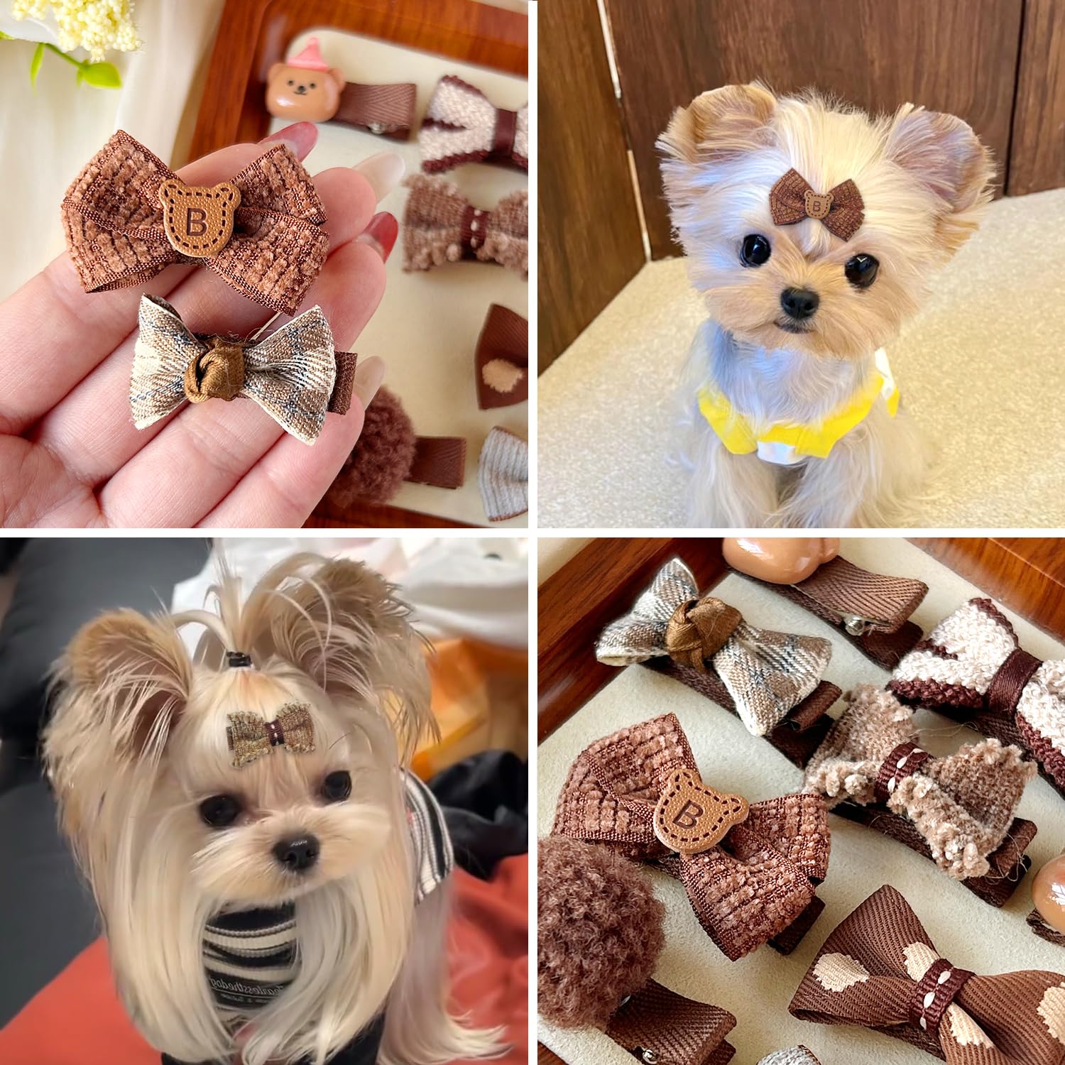 10Pcs Brown Dog Hair Clips 10Pcs Rubber Bands Small Dog Bows Beige Cute Pet Grooming Accessories Alligator Clips Stay In Hair Be