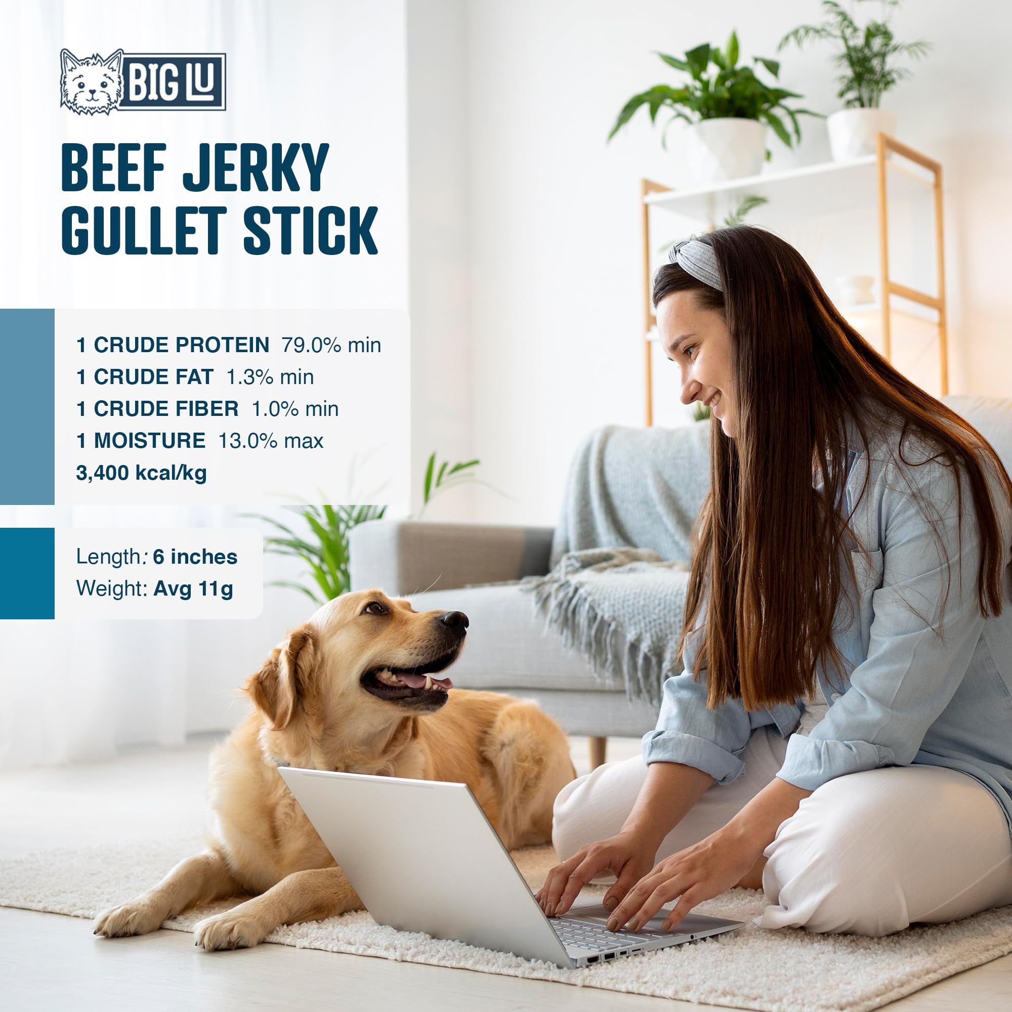 Big Lu - 6-Inch Jerky Gullet Sticks, 12 Count, All-Natural Beef Dog Chews, Grass-Fed, Free-Range, Digestible Treats with Glucosa