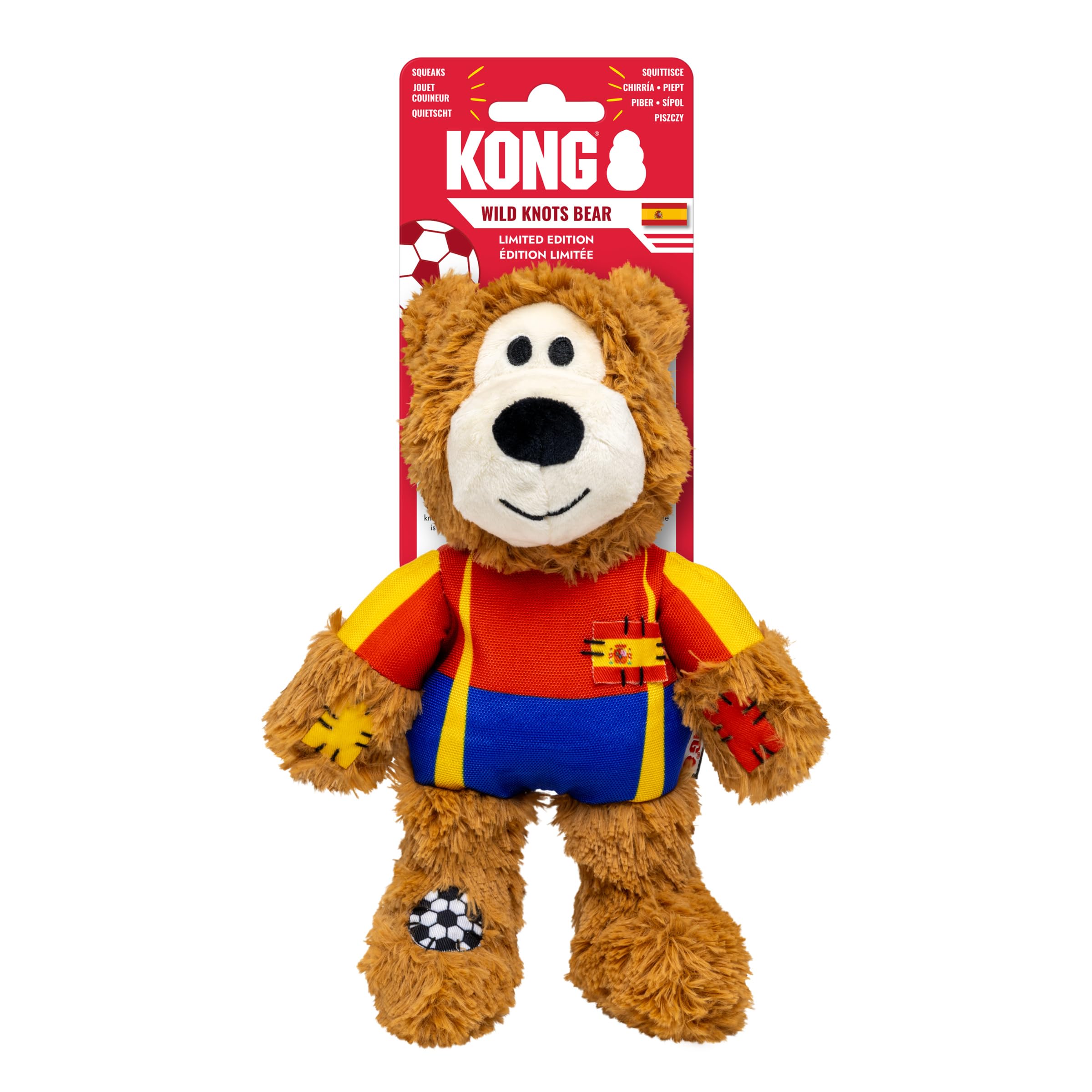 KONG Wild Knots Bear Soccer Player Dog Toy - Spain - National Team Jersey Inspired - International Tournament Edition - Plush Ro