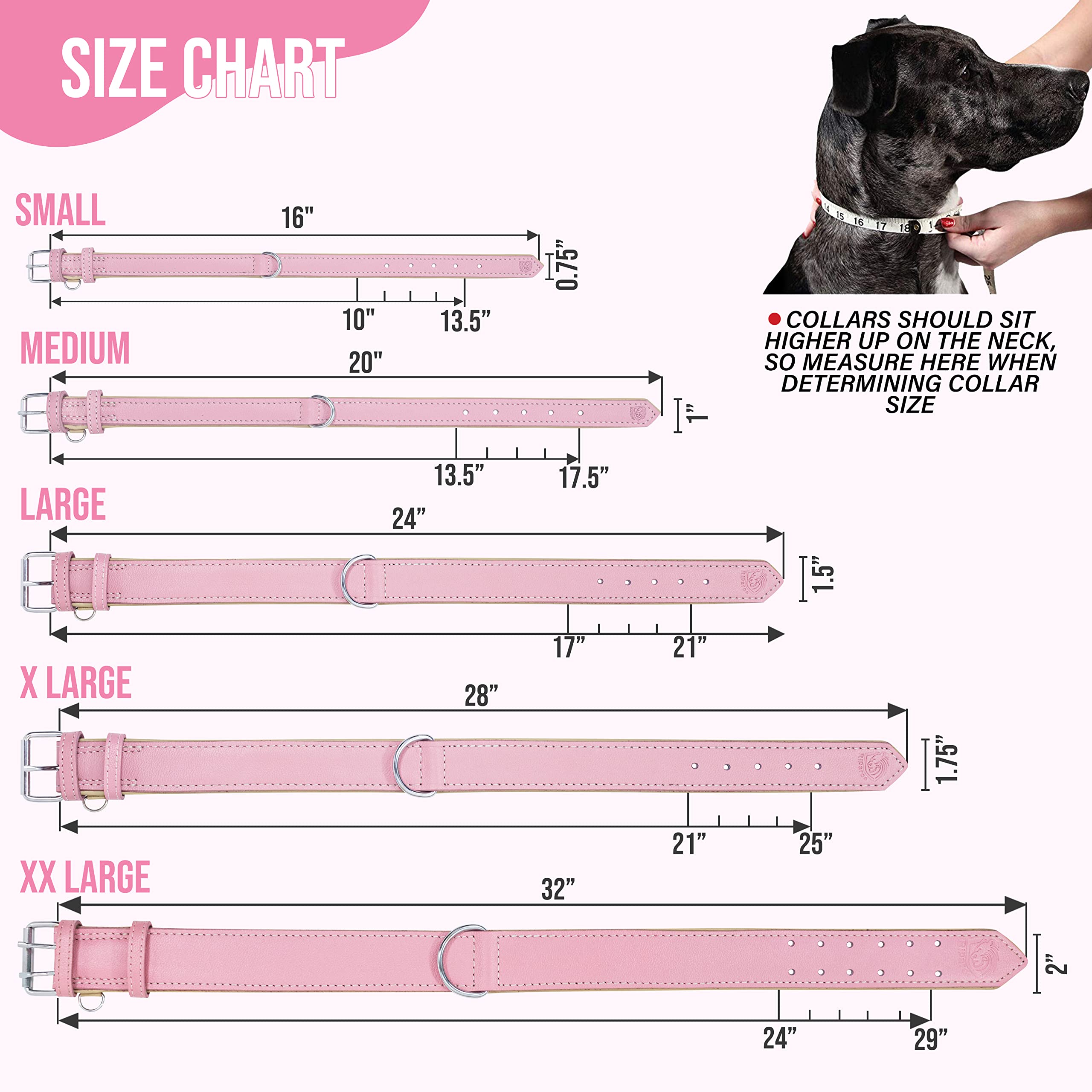 Riparo Genuine Leather Pink Dog Collar Heavy Duty K-9 Adjustable Dog Collar (L: 1.5'' Wide For 17''-21'' Neck, Pink)