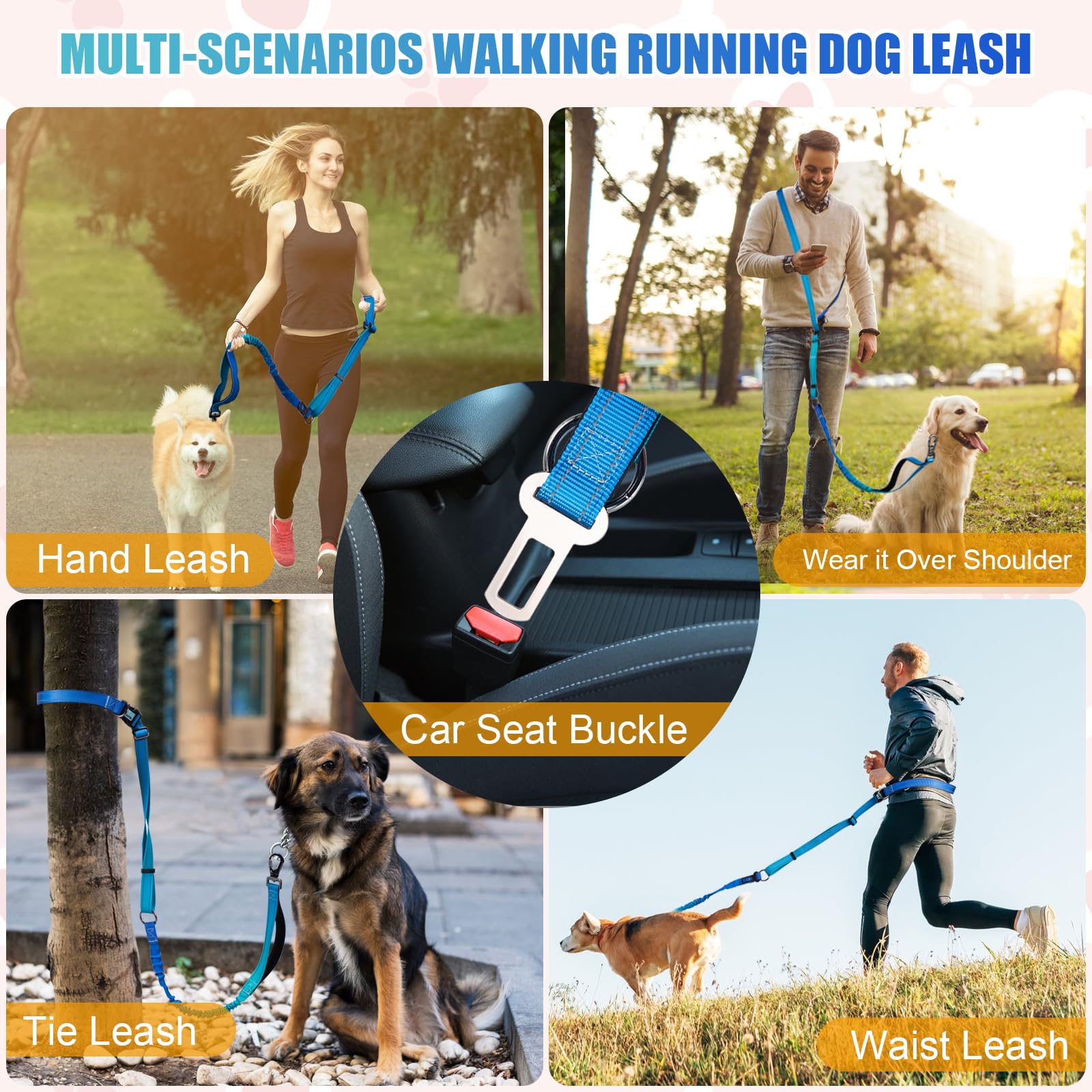 Jetog Heavy Duty Hands Free Dog Leash, 4-6 Ft Reflective Adjustable Waist Dog Leash Belt With Padded Handles, Shock Absorbing Bu