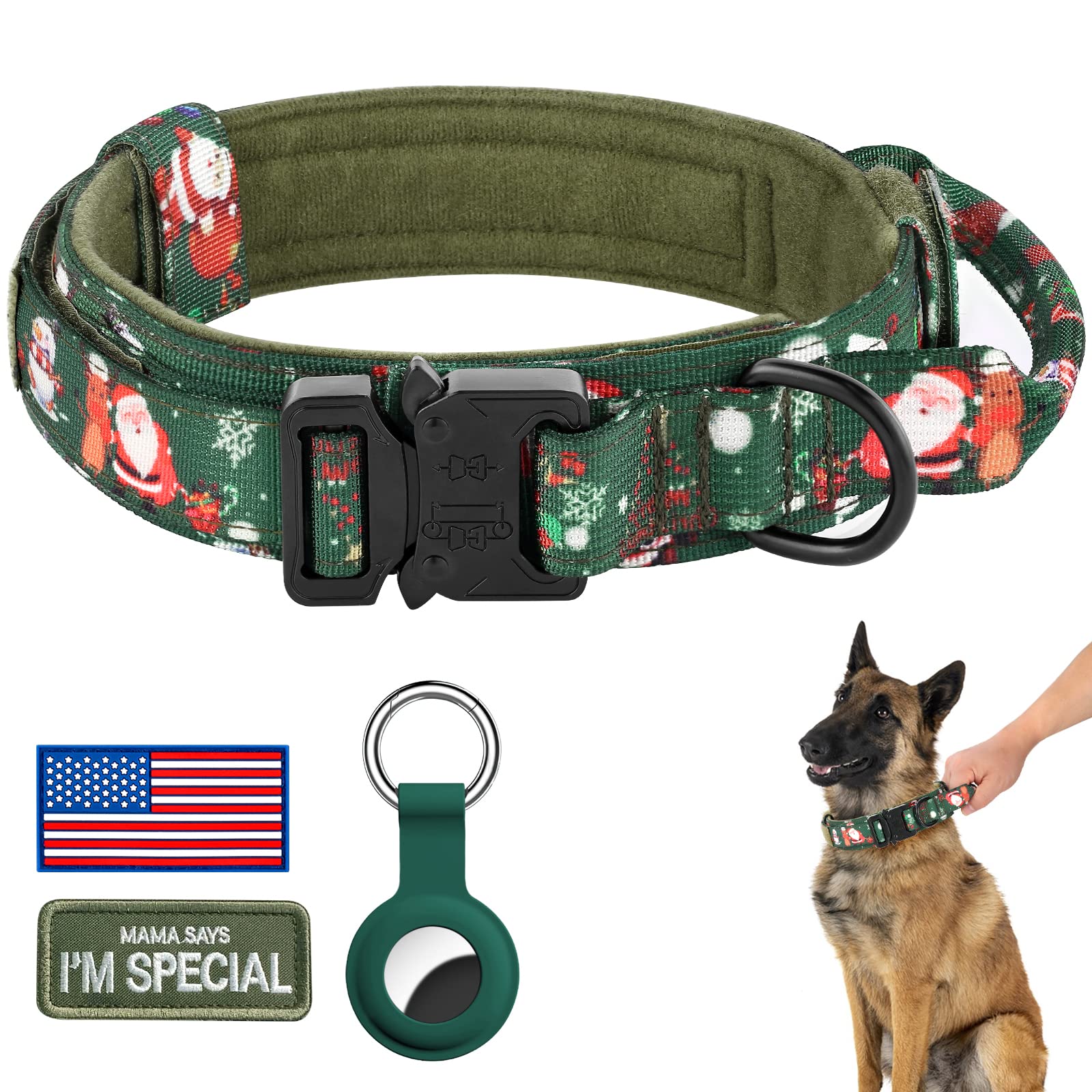 Daganxi Christmas Tactical Dog Collar, Adjustable Military Training Nylon Dog Collar With Control Handle And Metal Buckle For Medium And Large Dogs, With Patches And Airtags Case (L, Christmas Green)