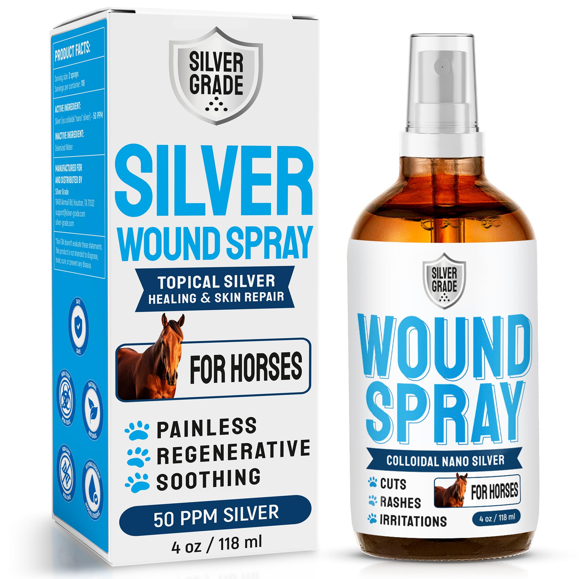Horse Wound Care Spray with Silver - Wounds, Scratches, Cuts, Abrasions, Itching, Hot Spots, Skin Irritation - First Aid Solutio